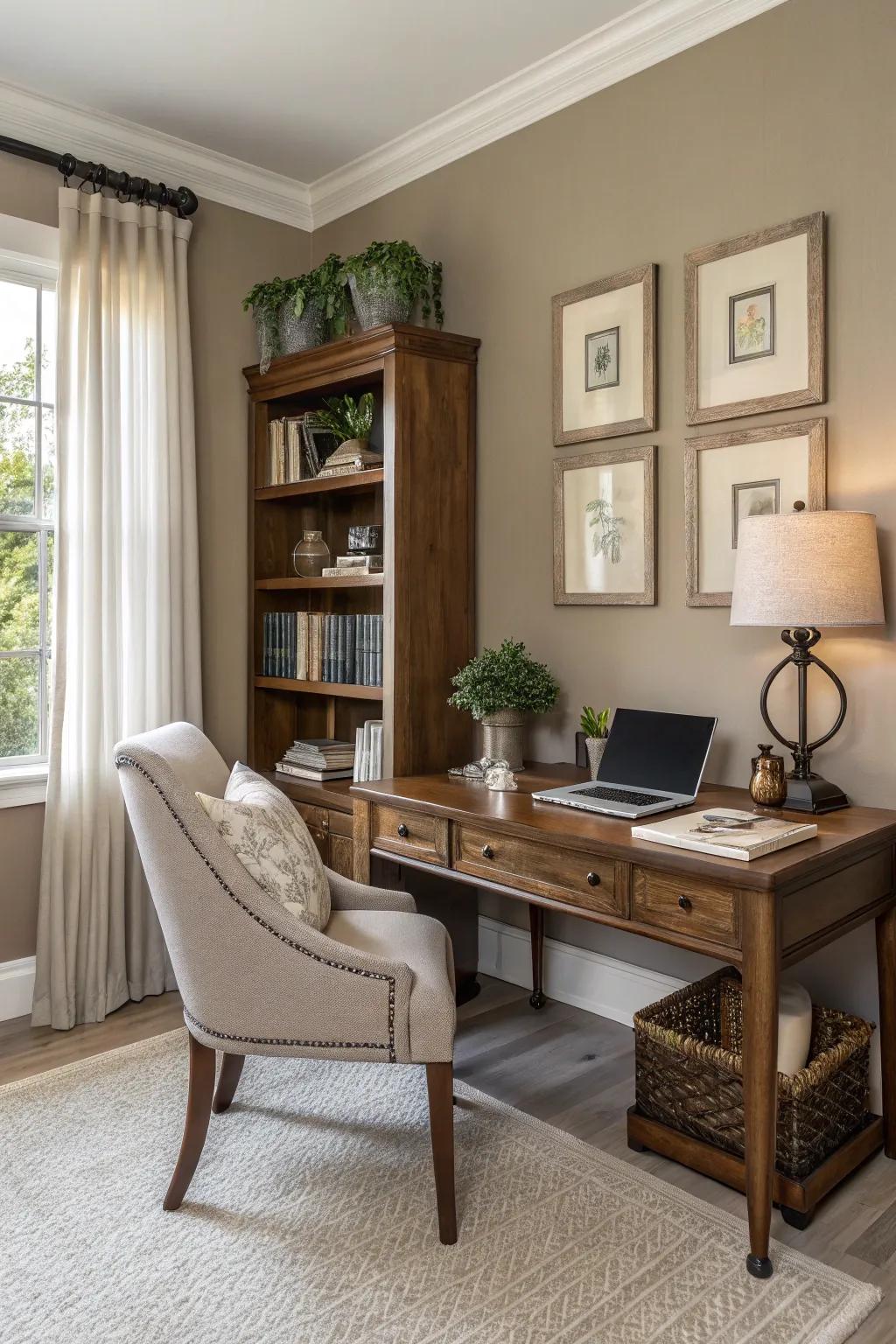 Taupe walls add warmth and sophistication to this home office.