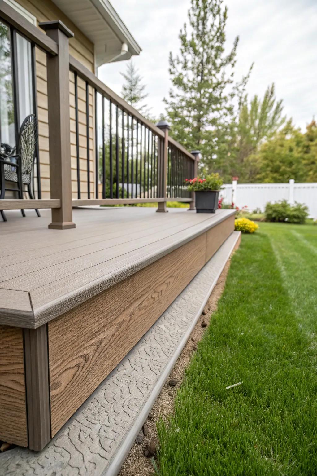 Textured composite skirting looks like wood but requires less upkeep.