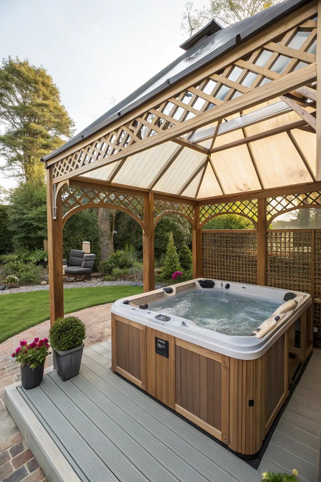 A gazebo with a retractable roof for adaptable comfort.