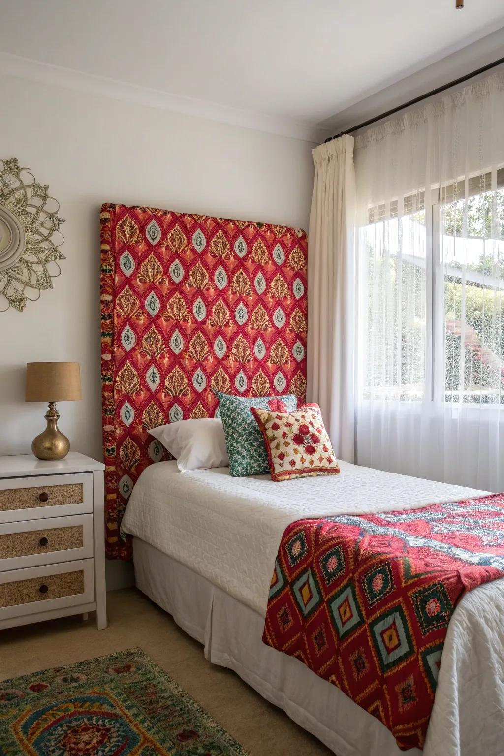 A bold headboard serves as a focal point, adding character to a small bedroom.