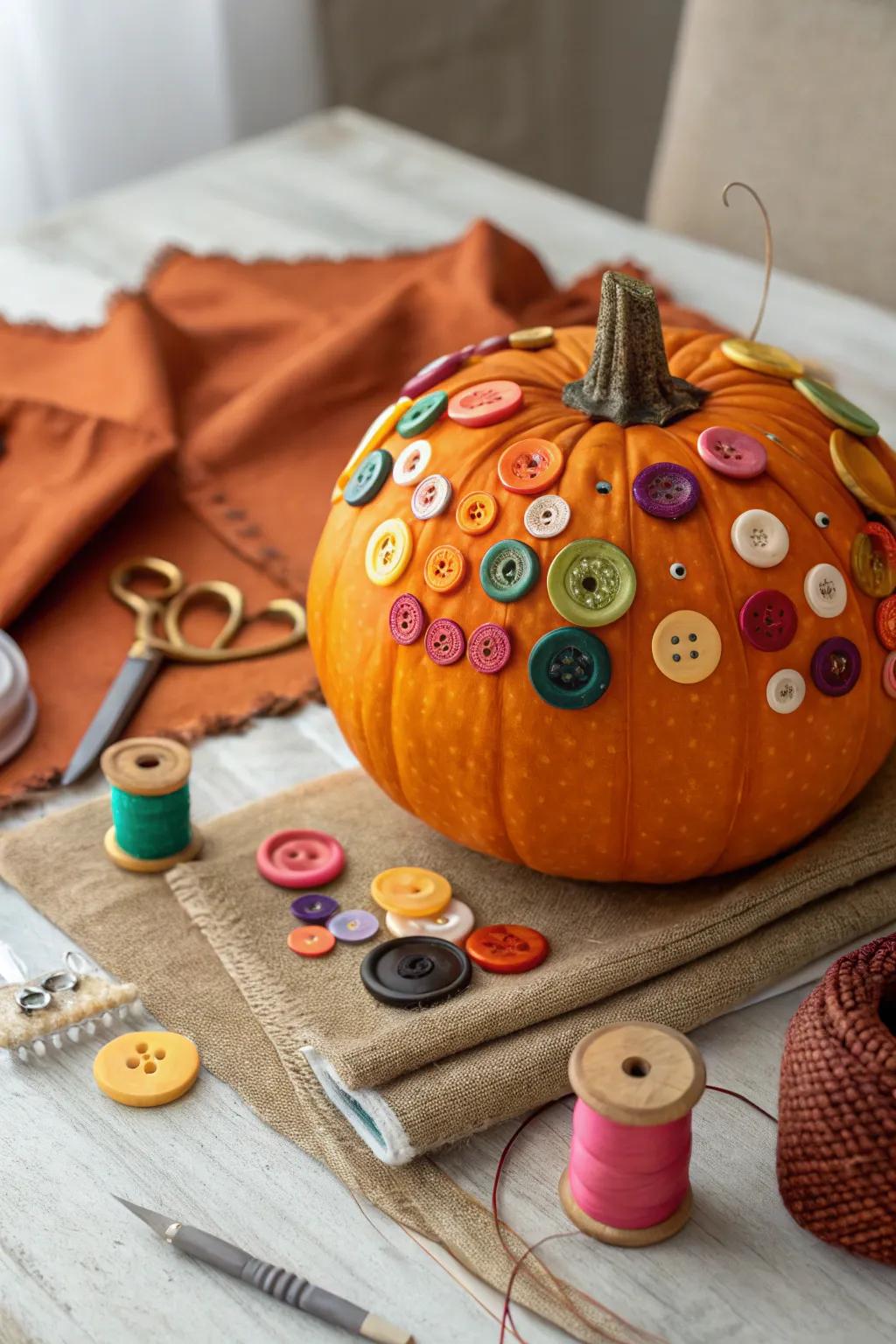 A button-adorned pumpkin that showcases crafty creativity.