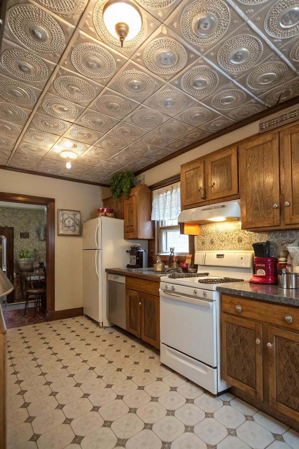 A vintage-style kitchen featuring decorative tin ceiling tiles.