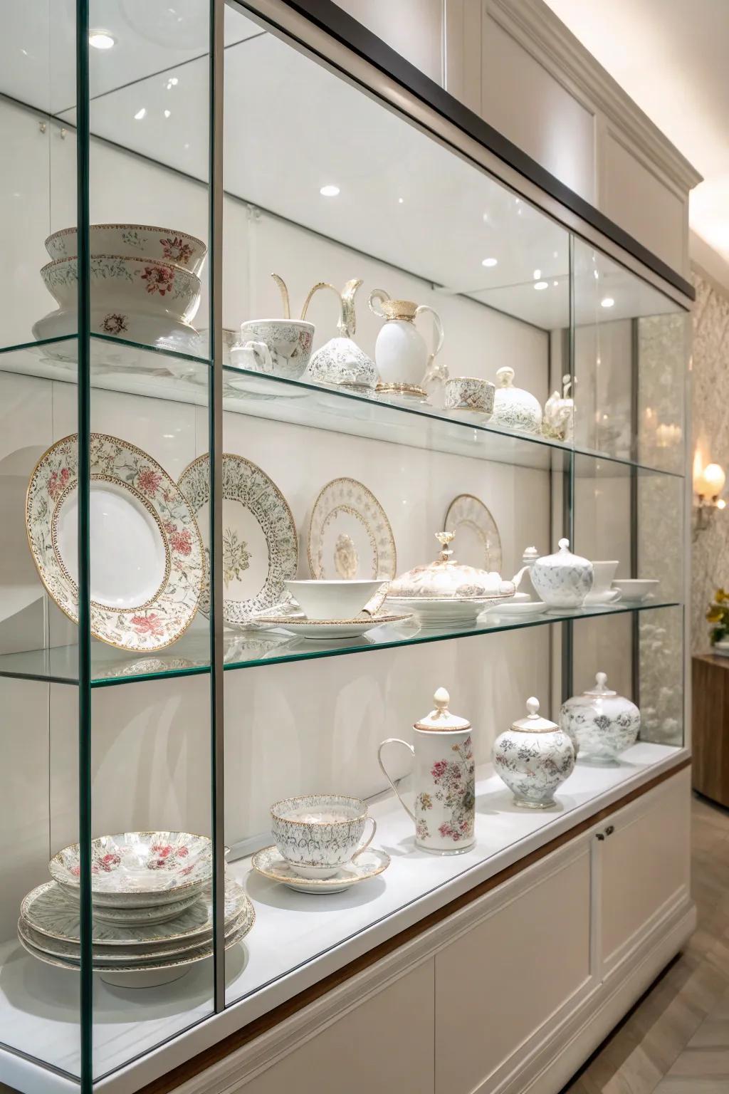 Modern glass wall shelves elegantly displaying a selection of china.