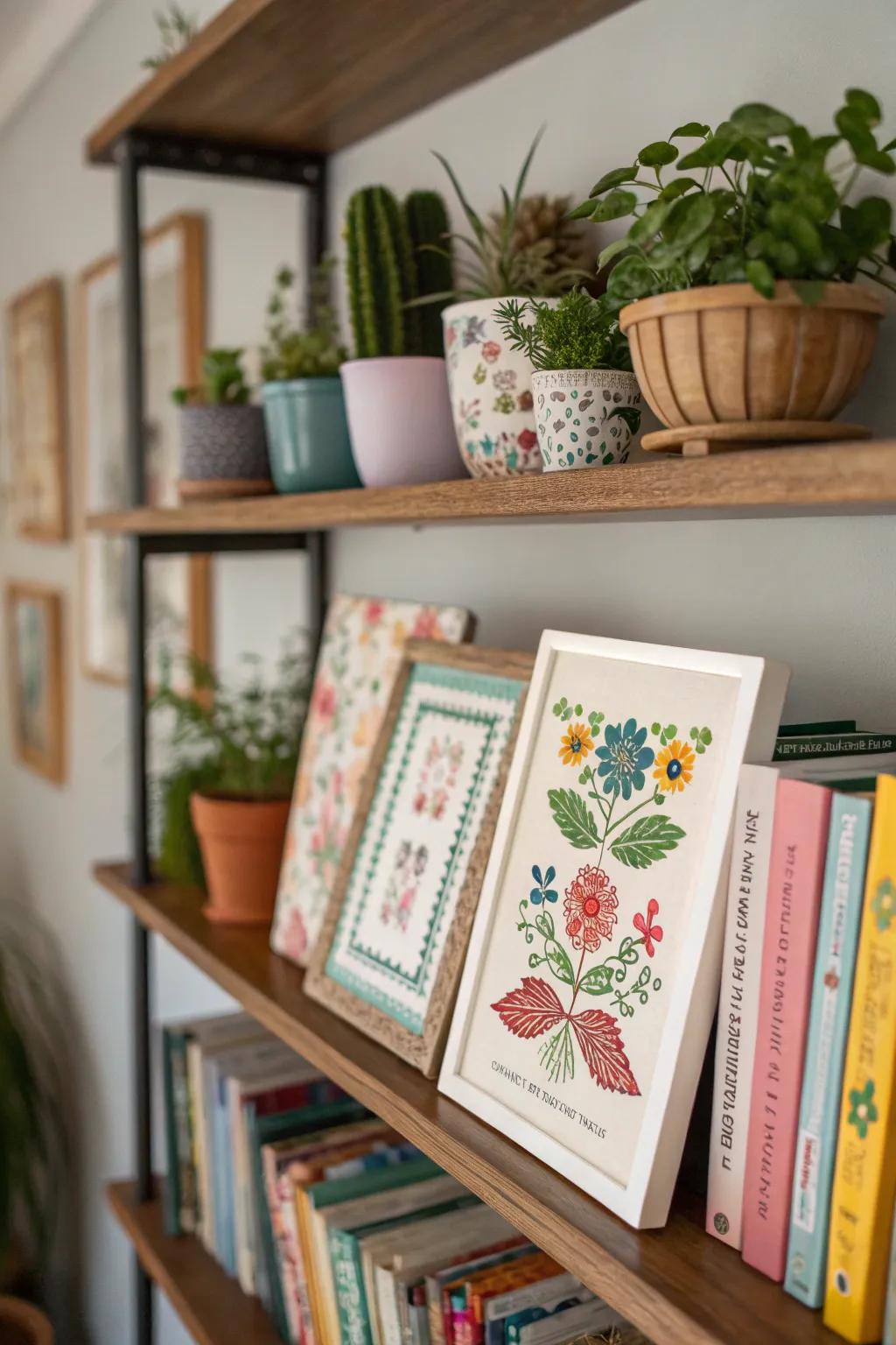 Shelves become art displays with cross stitch