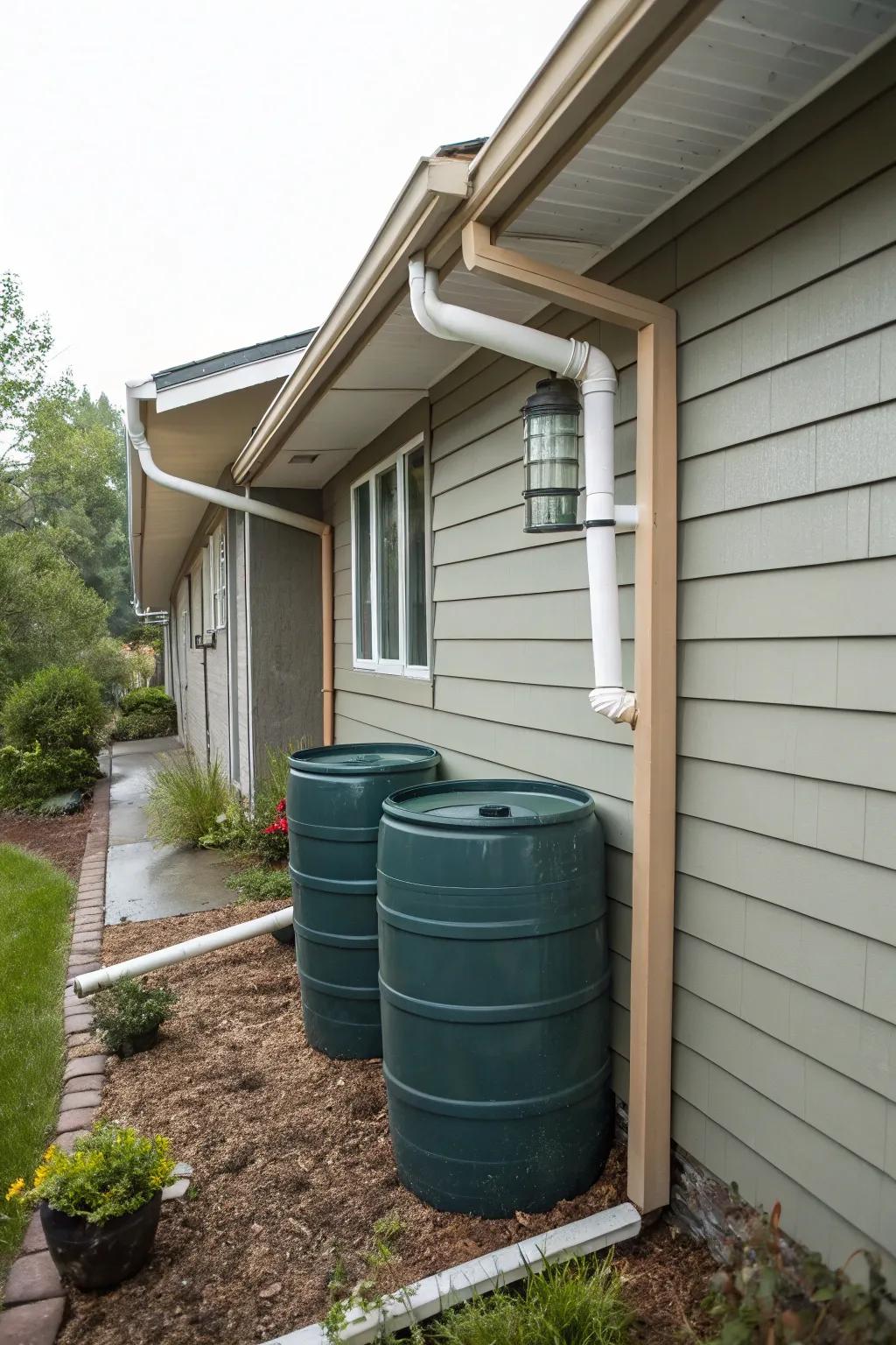 Rain barrels collect water for reuse, conserving resources.