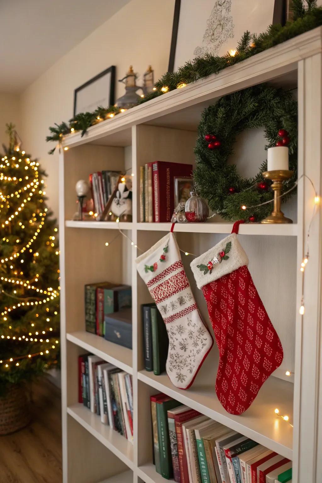 Bookshelves can be transformed into a festive focal point with stockings.