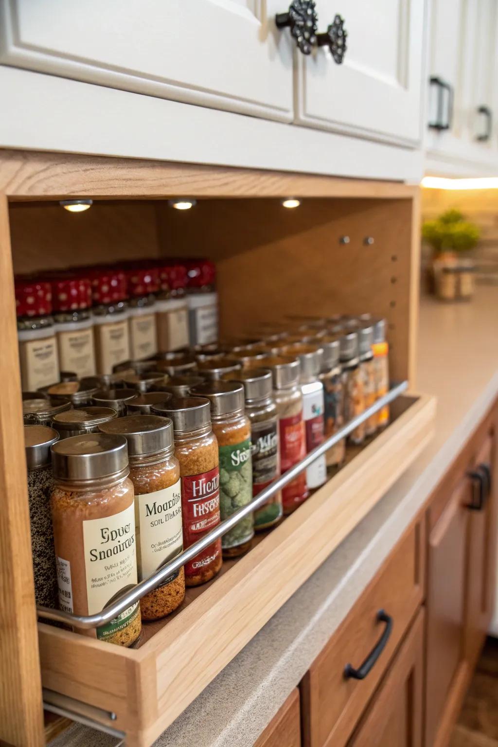 Under-shelf storage cleverly hides and organizes spices.