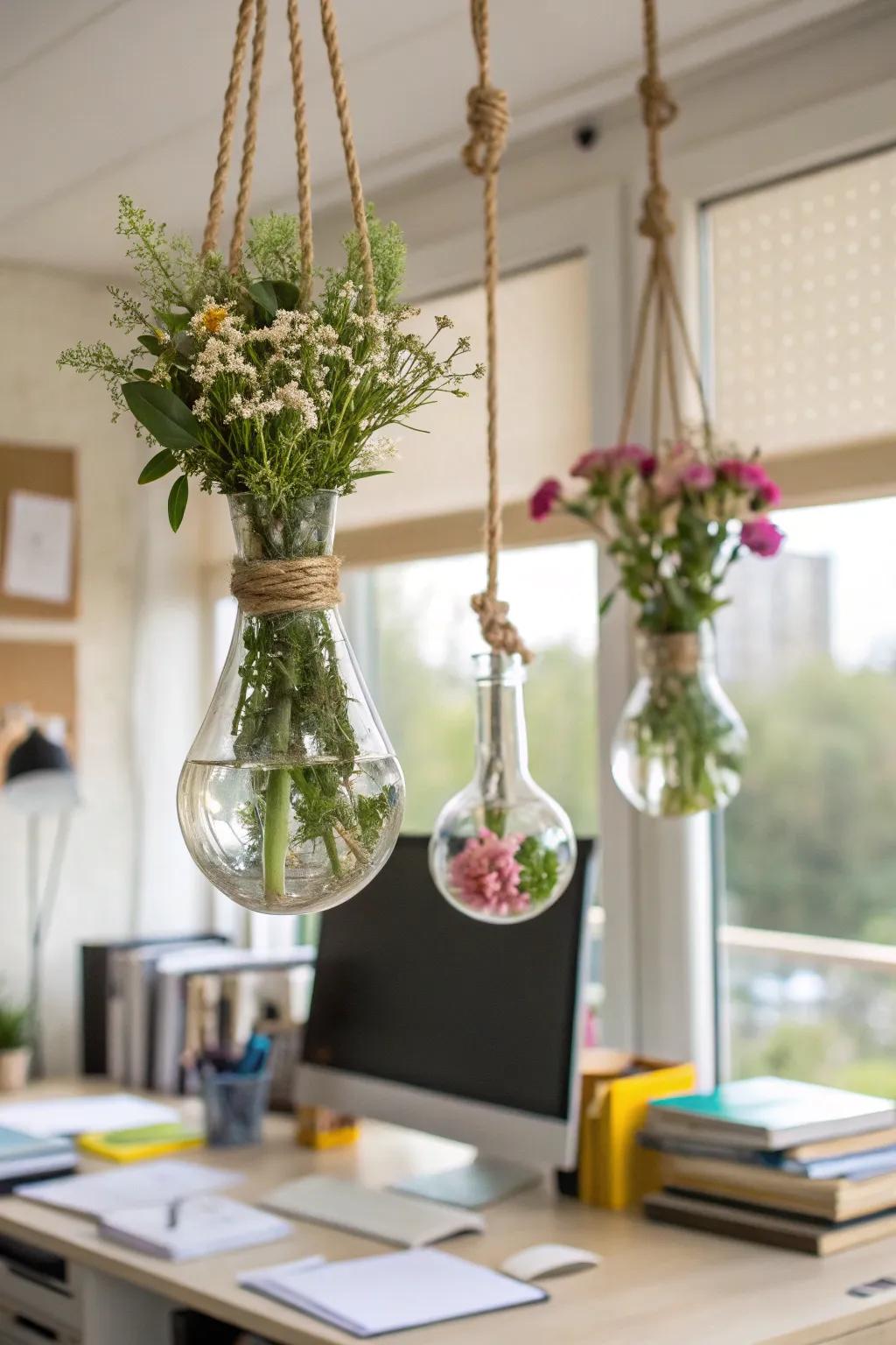 Hanging vases creating a vertical garden effect in a study.