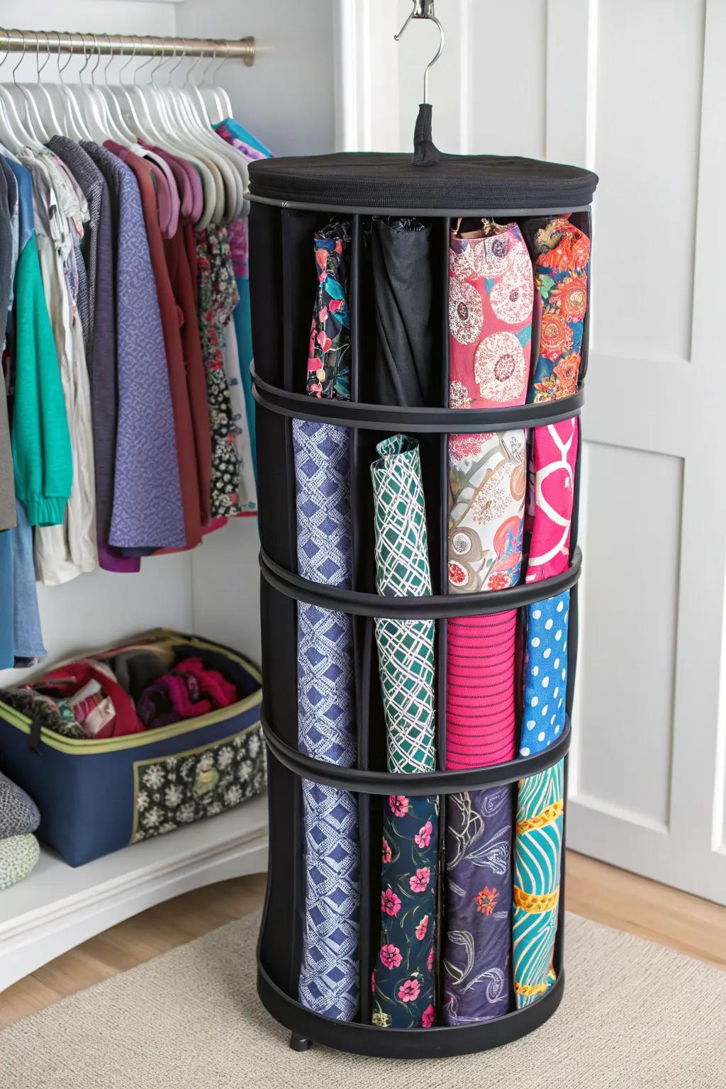 A rotating closet organizer revolutionizes leggings storage in small spaces.