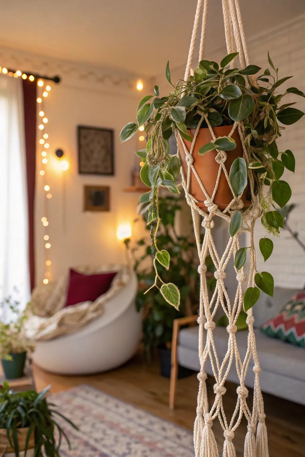 A bohemian-inspired home with a Hoya plant on a macramé trellis.