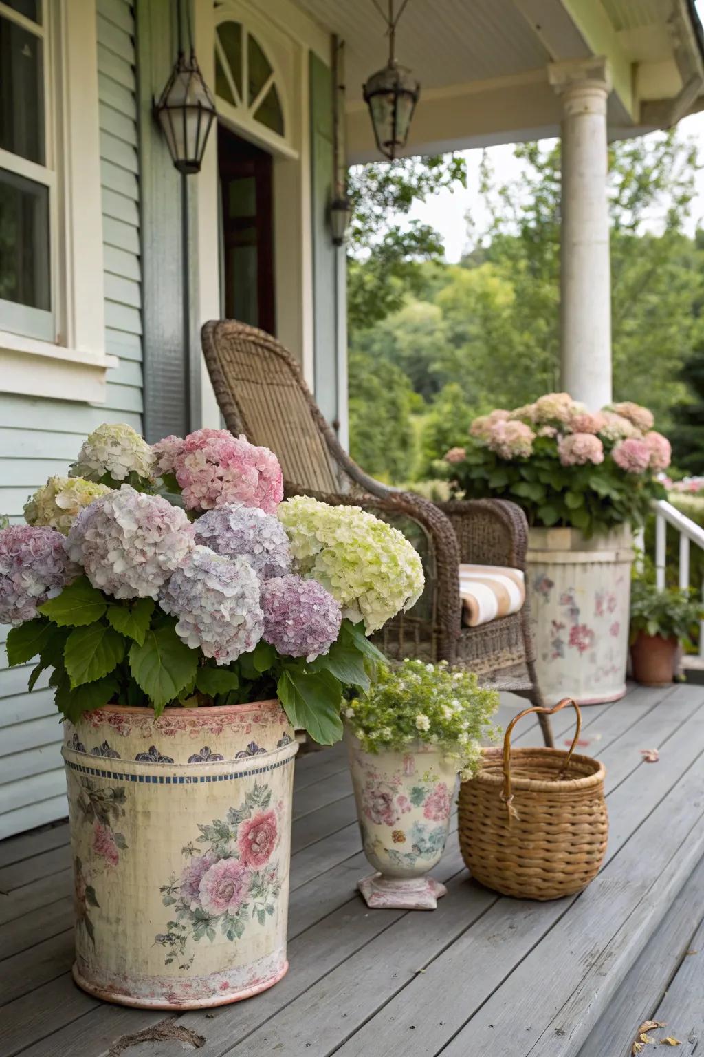 Vintage-inspired pots adding nostalgic charm to potted hydrangeas.