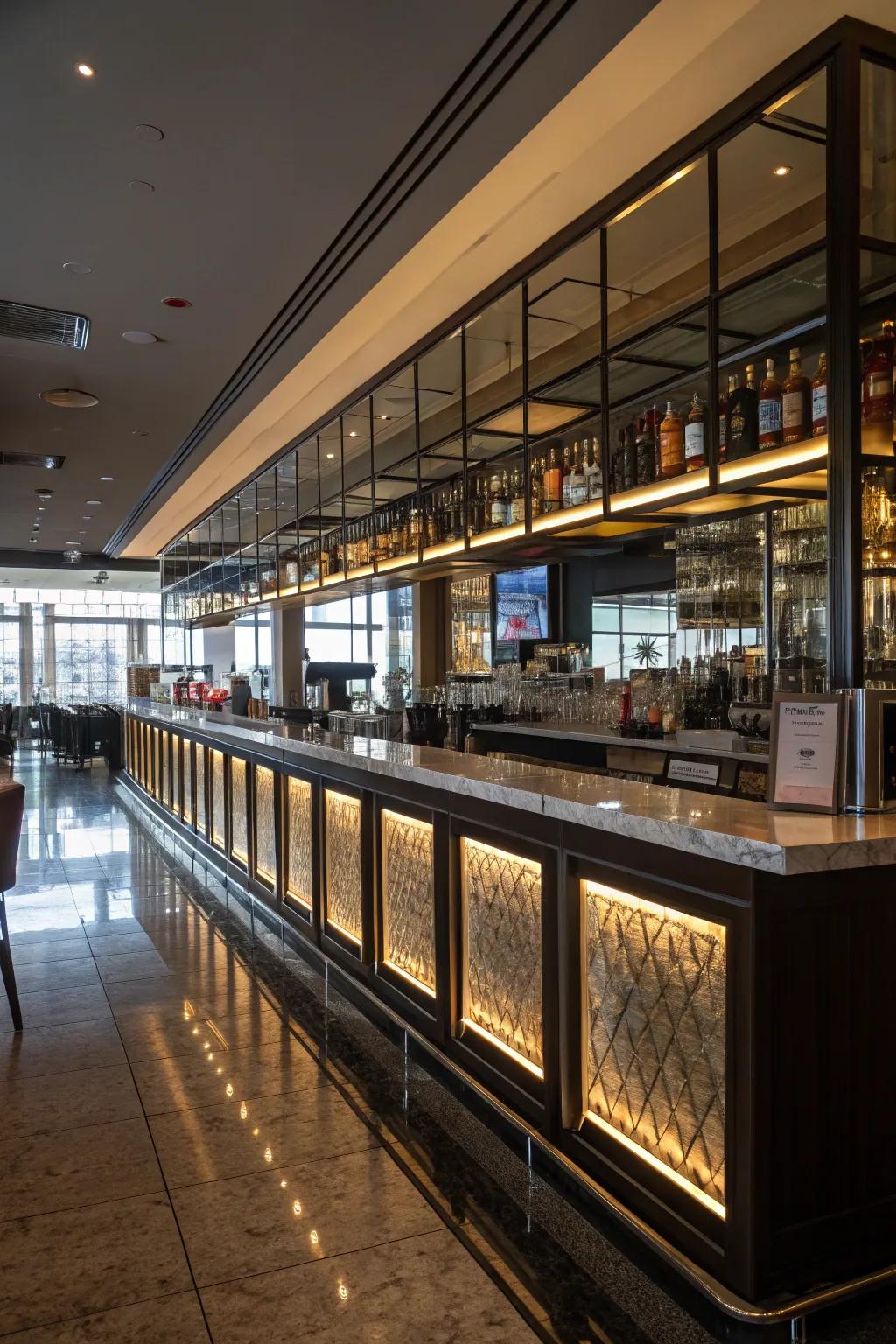 Mirrored panels enhance light and space in your bar area.