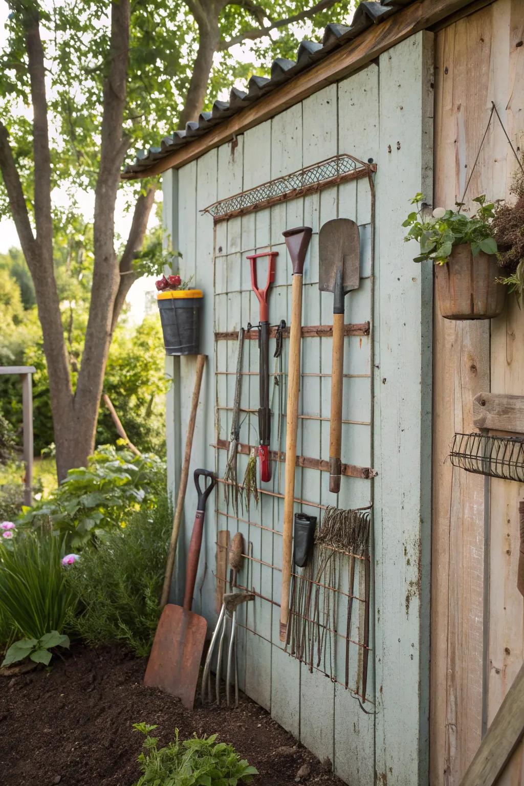 A wire rack offers flexible and visible tool storage.