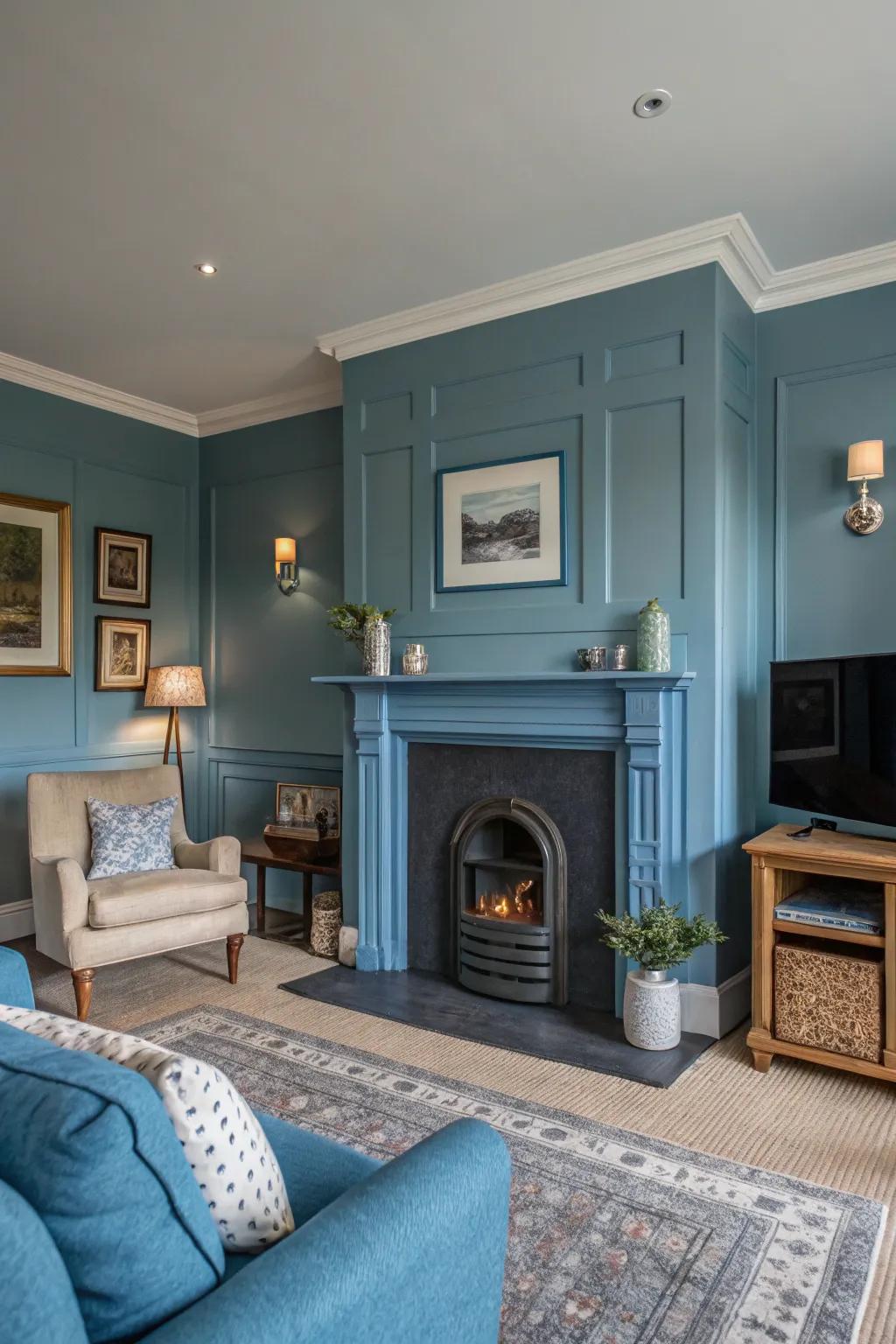 A living room with a monochrome blue fireplace and matching walls, creating a cohesive aesthetic.