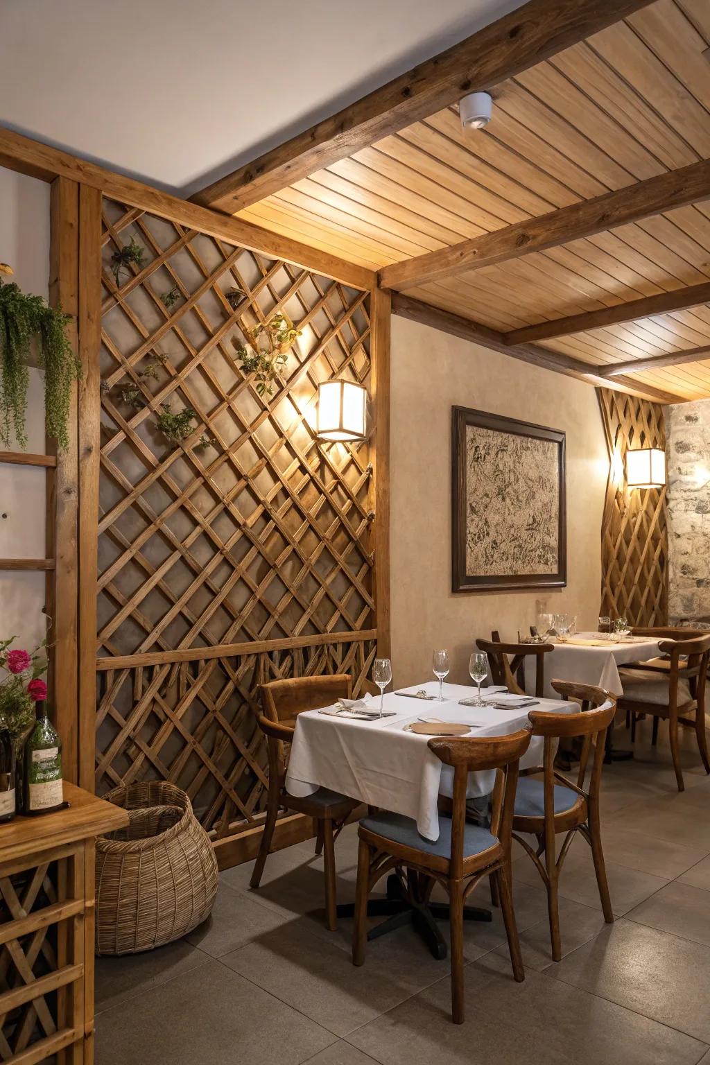 Wooden lattice wall adding warmth to a rustic-style dining room.