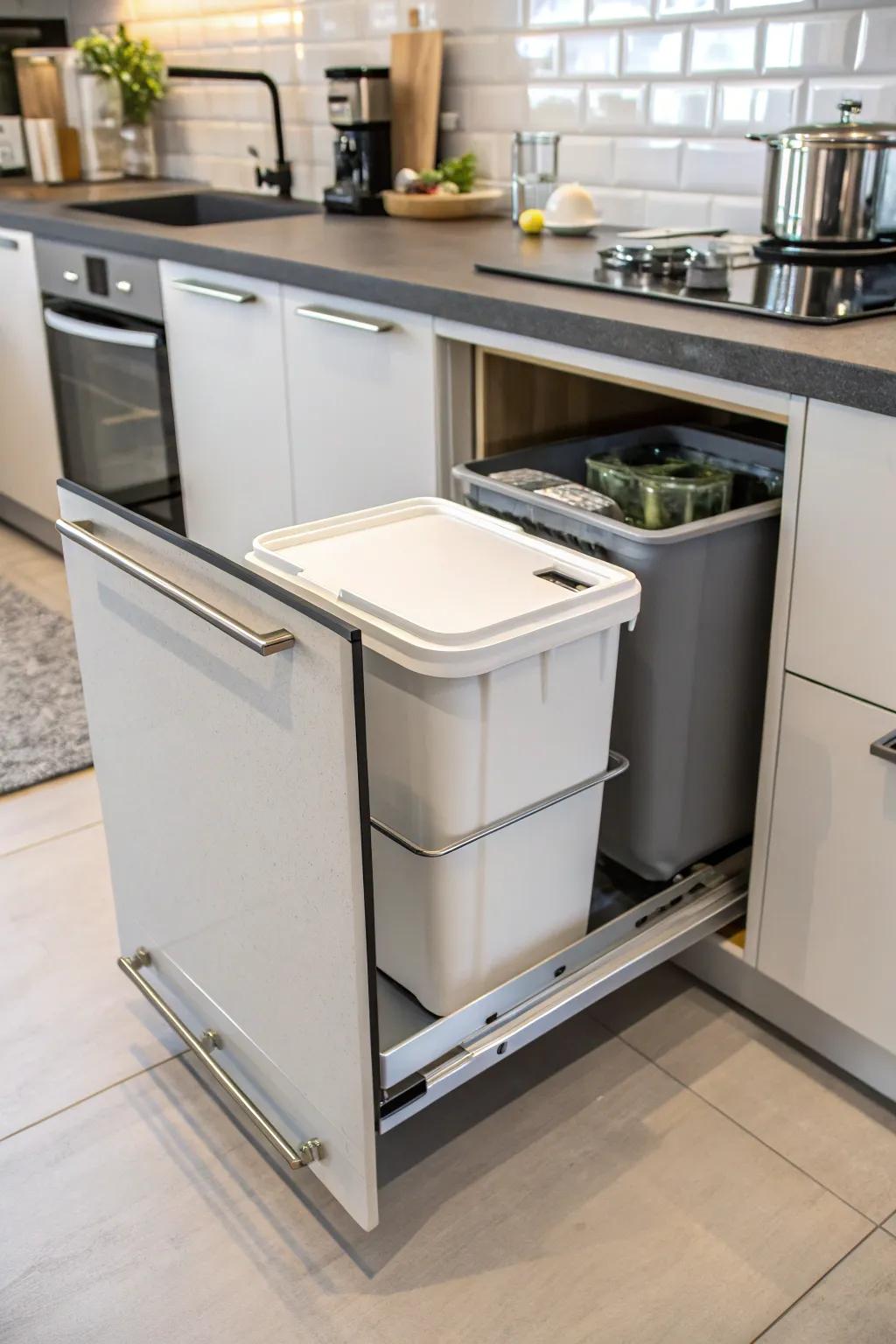 A pull-out trash bin maintains a tidy and modern kitchen appearance.