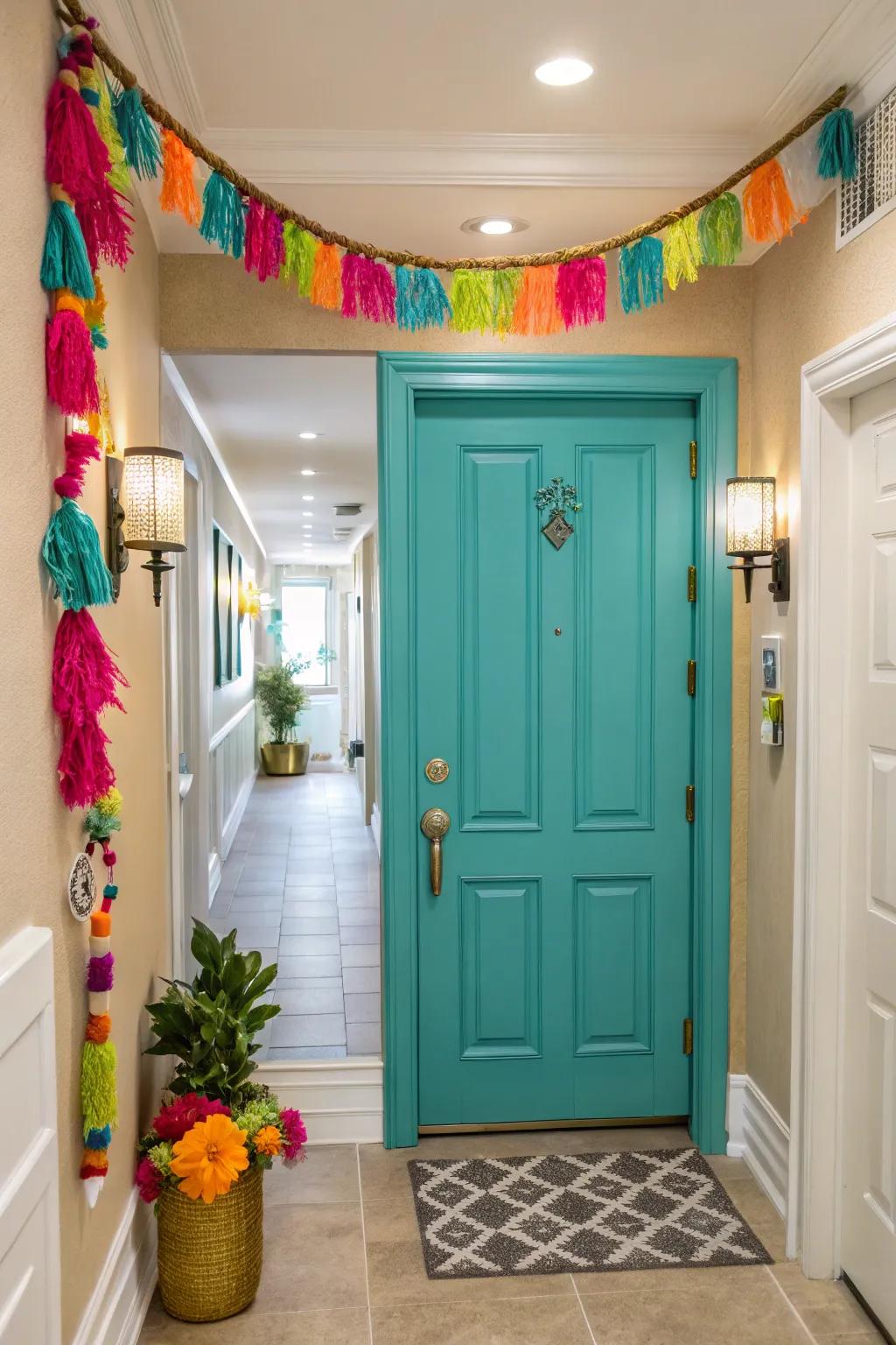 A vibrant turquoise door adding energy to the entryway.