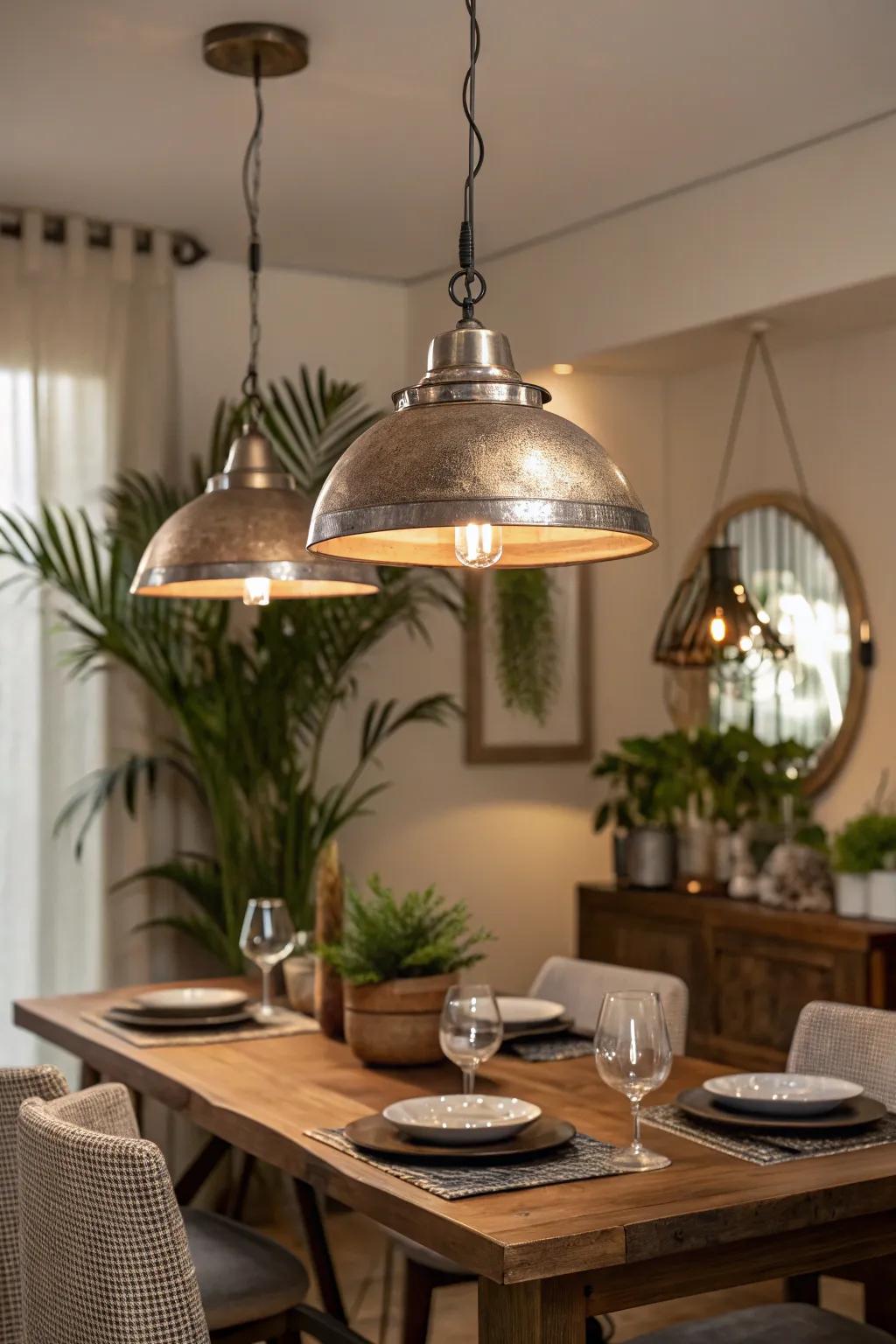 Metallic pendant lights adding glamour to a dining room.