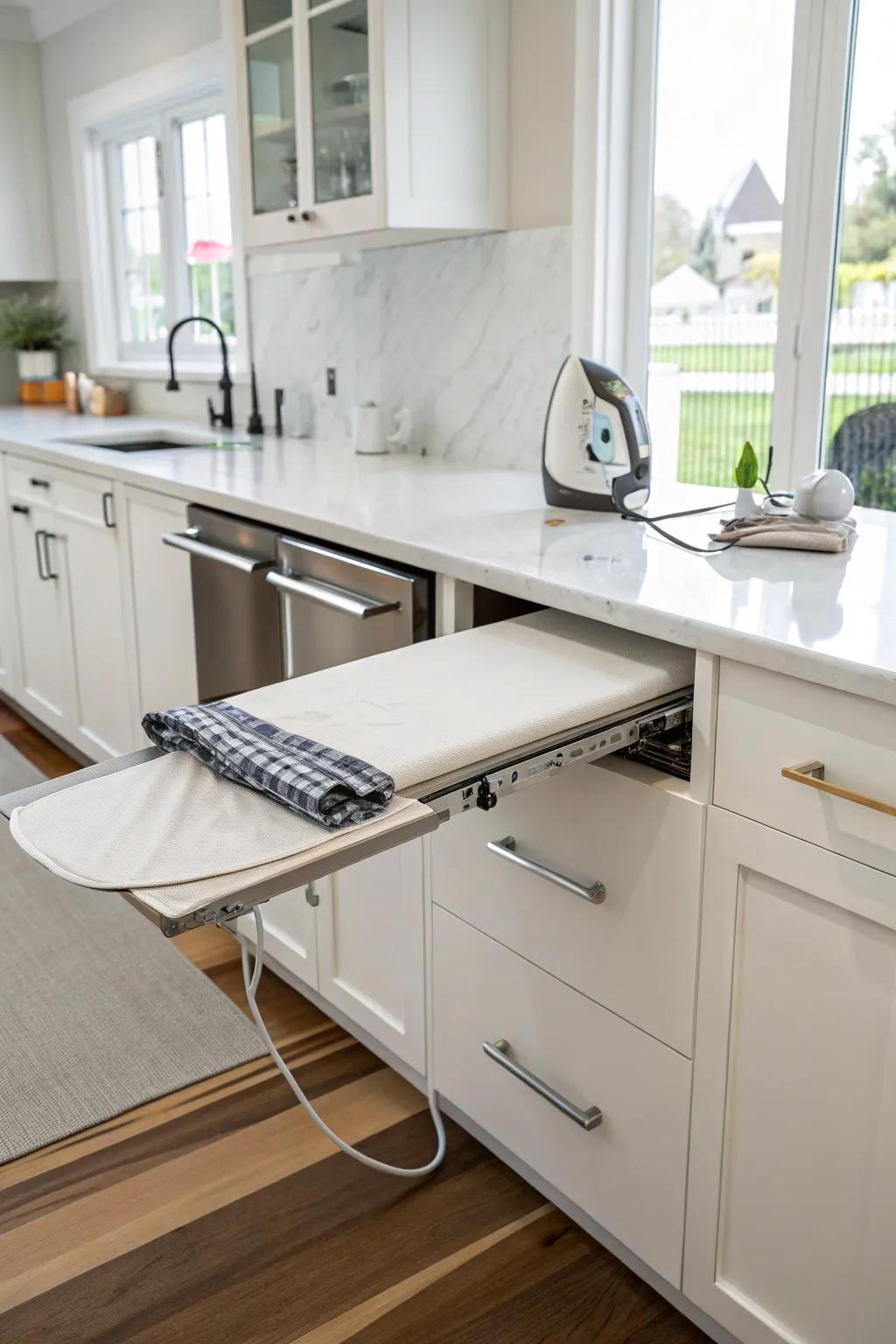 A pull-out drawer ironing board in a modern kitchen.