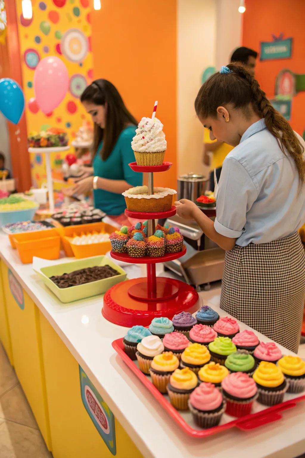 An interactive cake station with cupcakes and toppings for decorating.