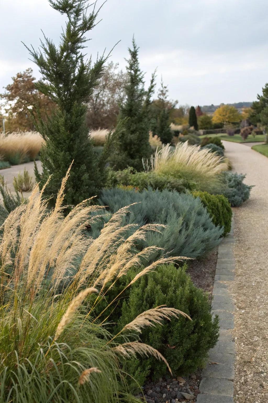 Captivating contrast of junipers and grasses