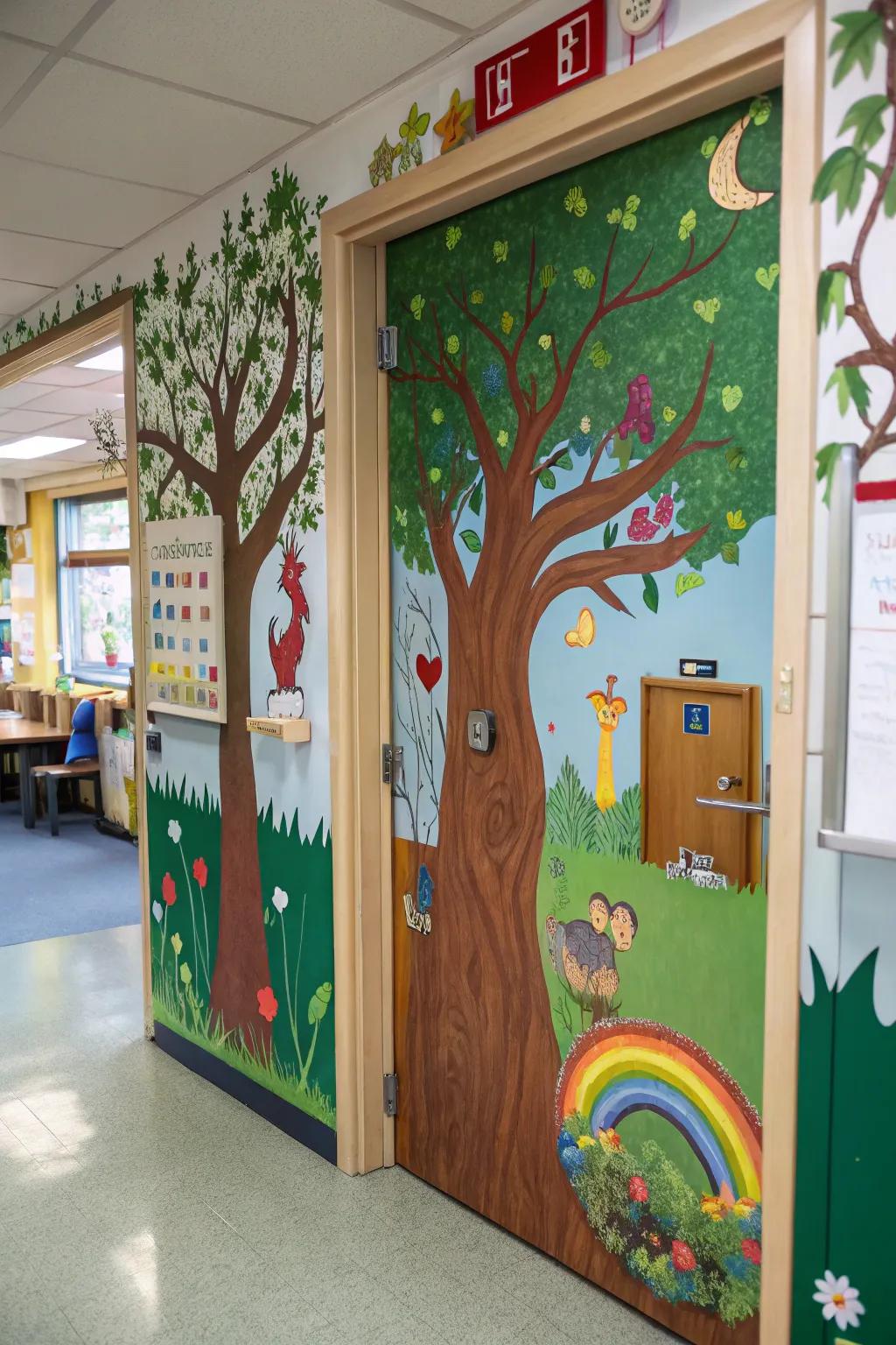 A kindergarten door with a magic forest theme featuring trees and mythical creatures.