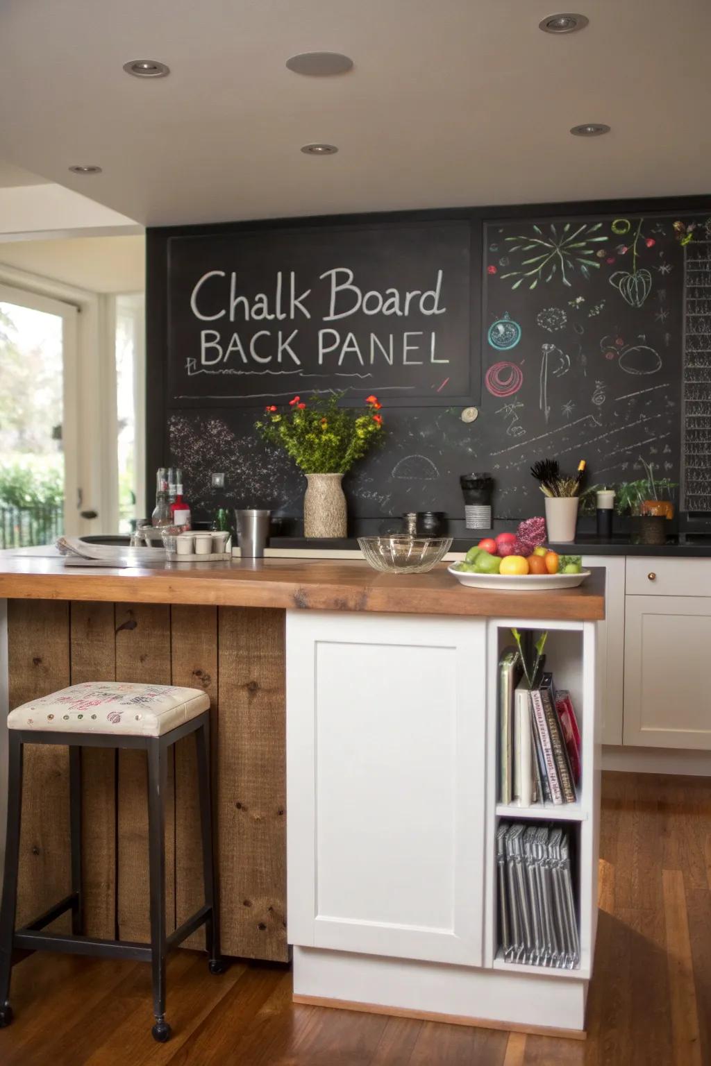 A chalkboard back panel adds a playful and interactive touch to this kitchen island.