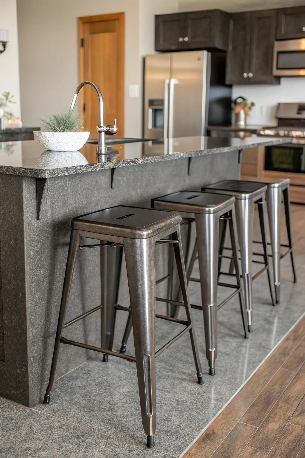 Metal stools introduce an industrial vibe to your kitchen.