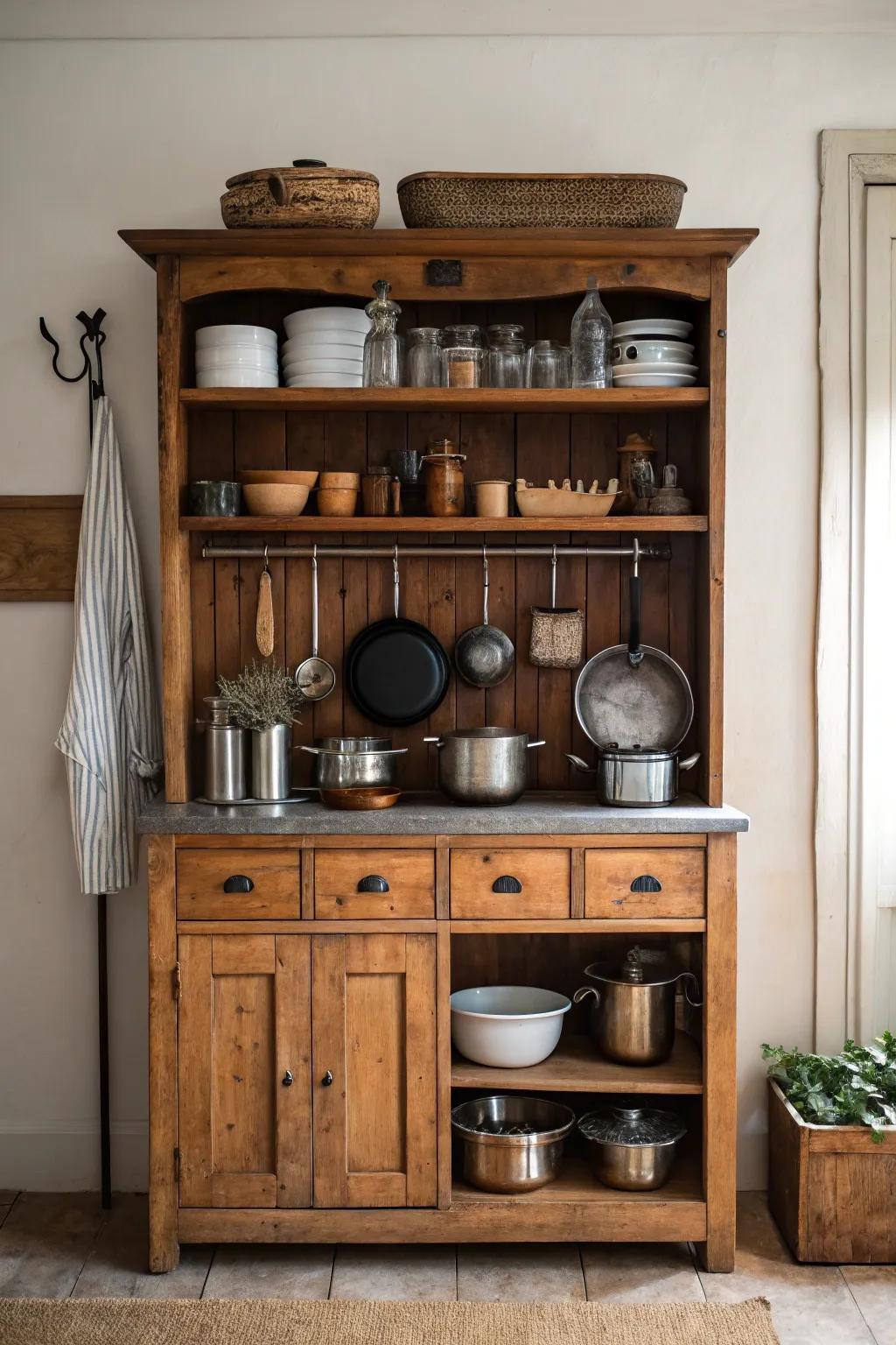 Repurposed antiques can serve as charming and functional kitchen racks.
