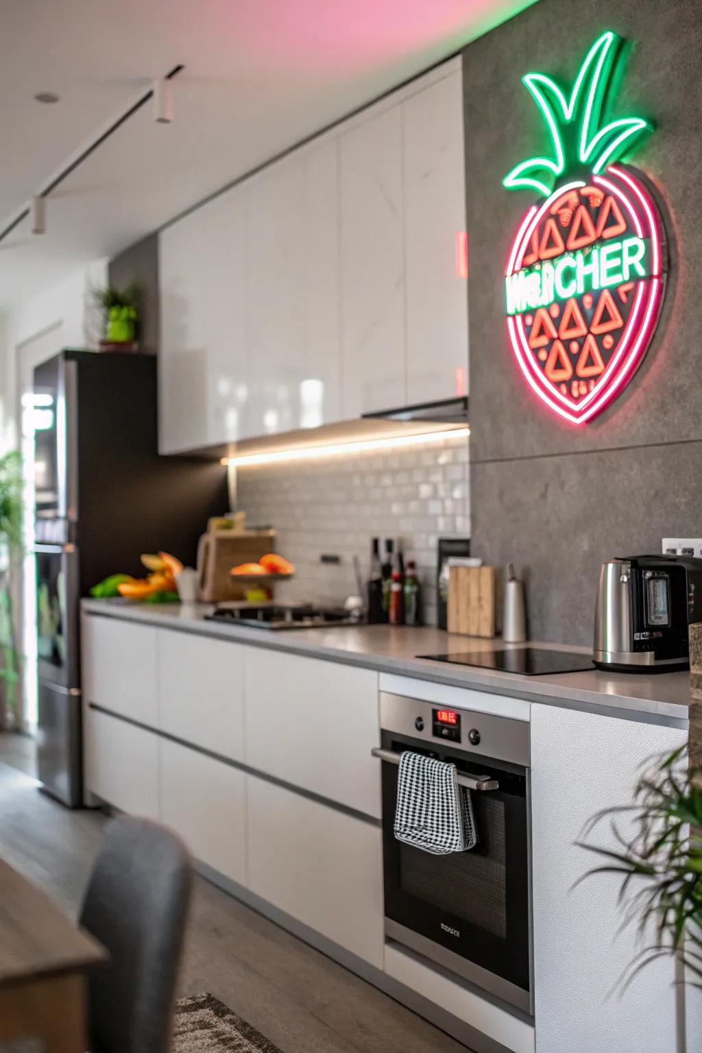 A modern kitchen featuring a vibrant neon sign for a pop of color.