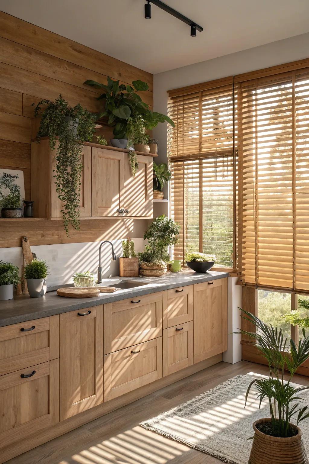 Wood blinds bring warmth and harmony to kitchen spaces.