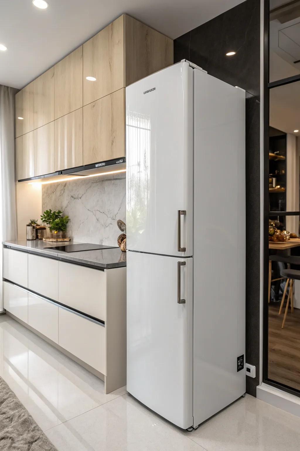 A slim, modern fridge that complements a sleek kitchen aesthetic.