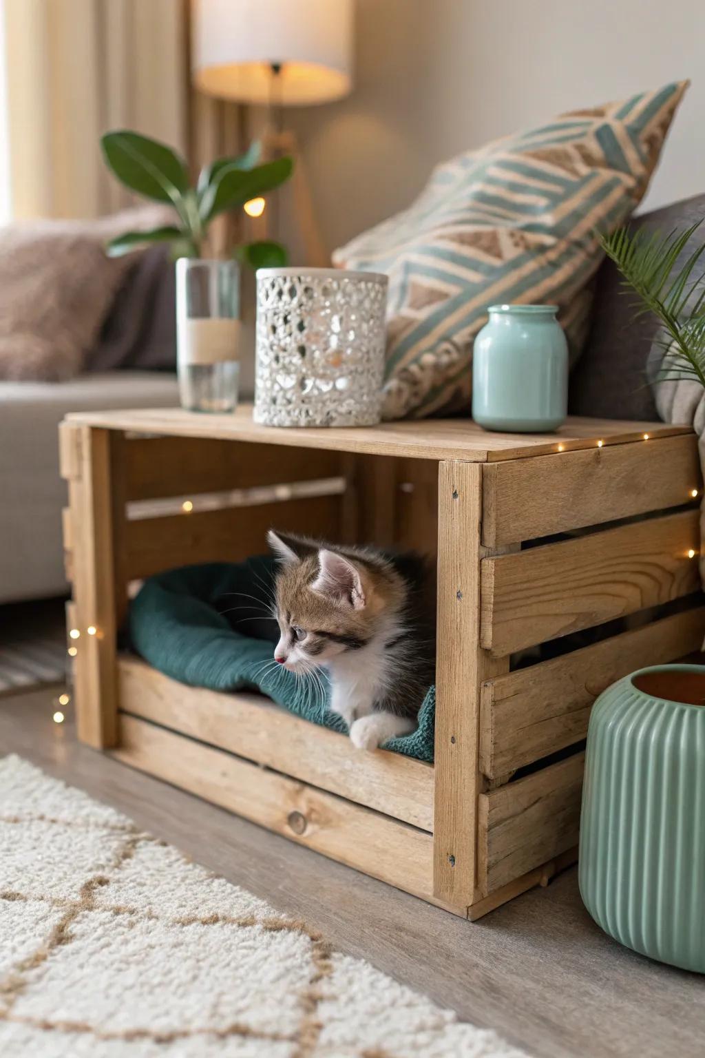 A multifunctional crate that serves as both storage and a cozy kitten hideaway.