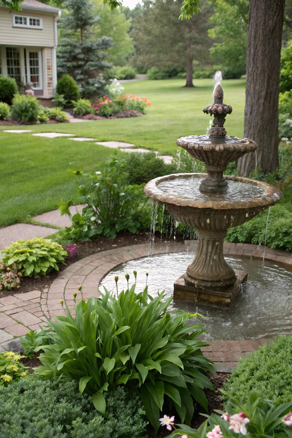 A water feature introduces tranquility and elegance to the yard.