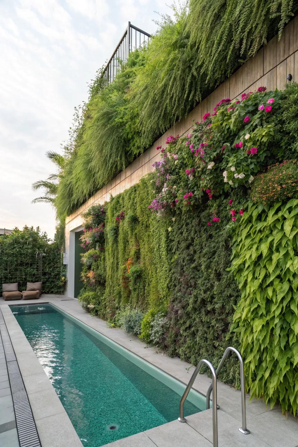 Vertical gardens provide a lush, space-saving way to hide pool equipment.