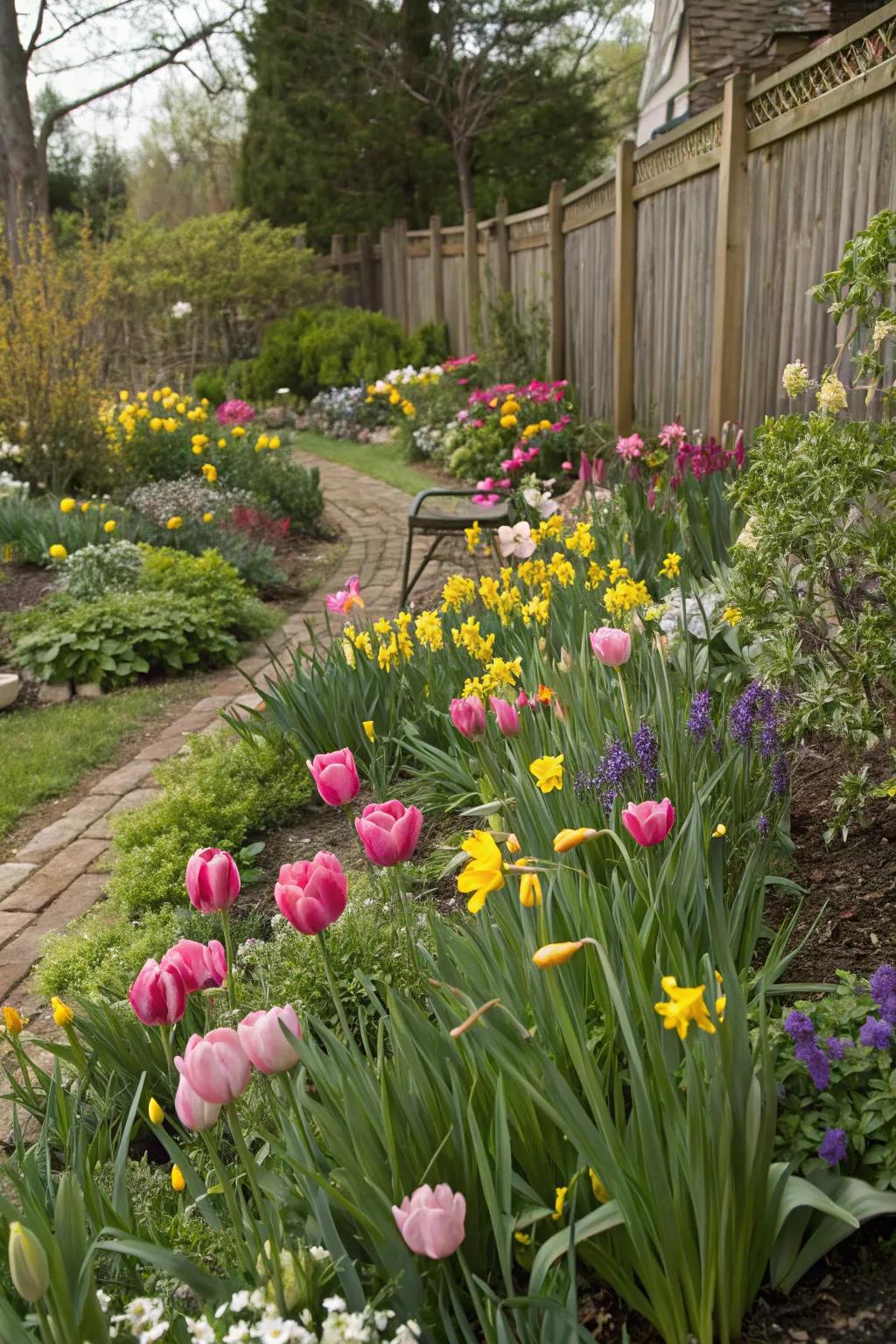 Tulips and daffodils nestled among perennials, creating a lush garden display.