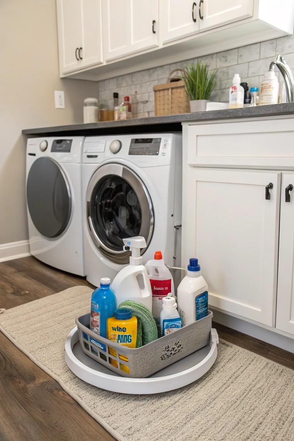 Maximize under-sink storage with a skinny lazy Susan.