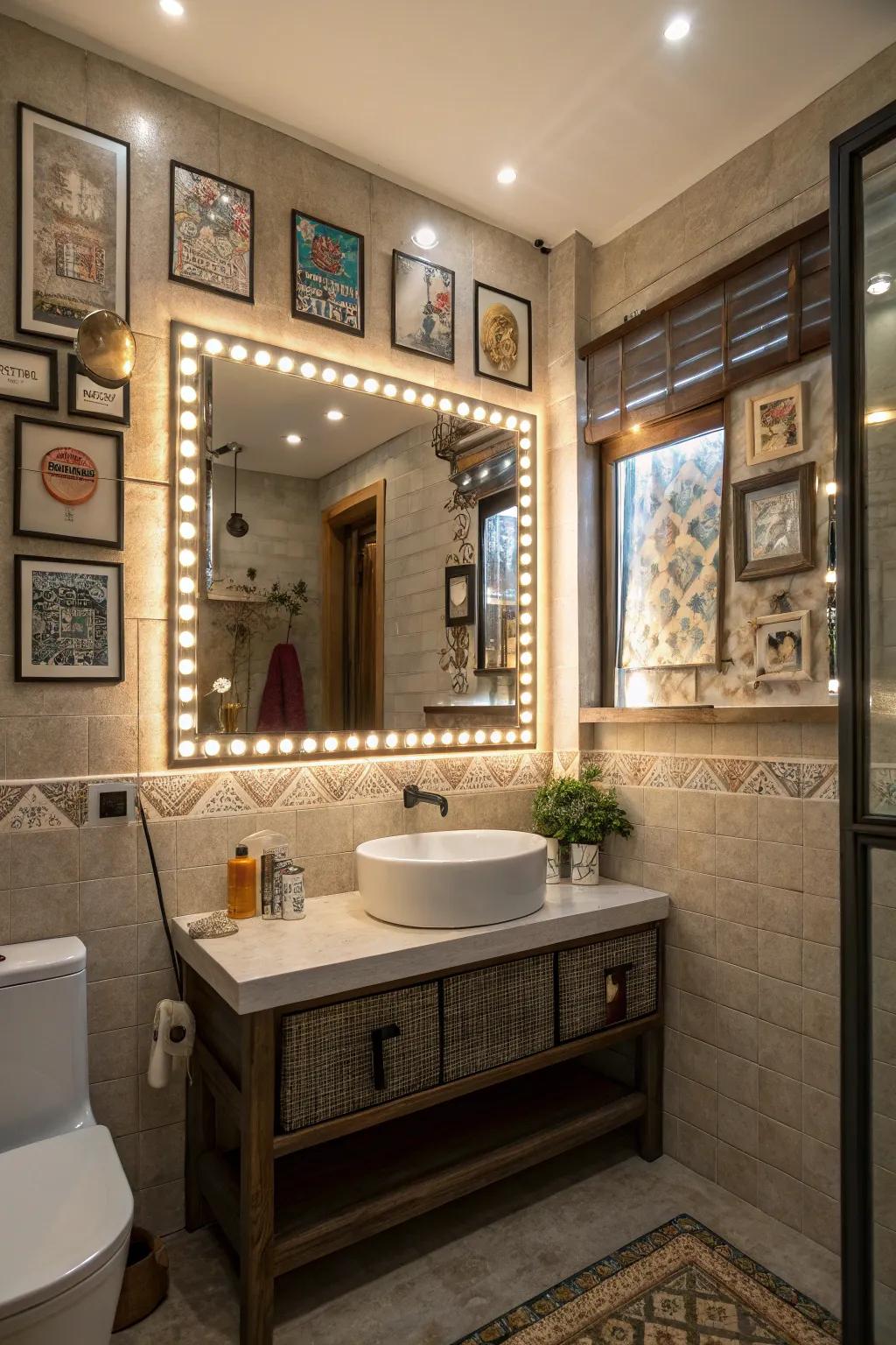 An eclectic bathroom design with a gallery of small LED mirrors.