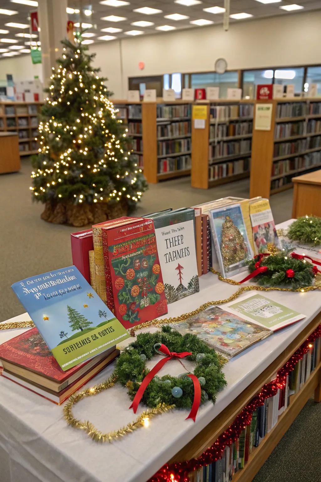 Highlight seasonal reads with charming table displays.