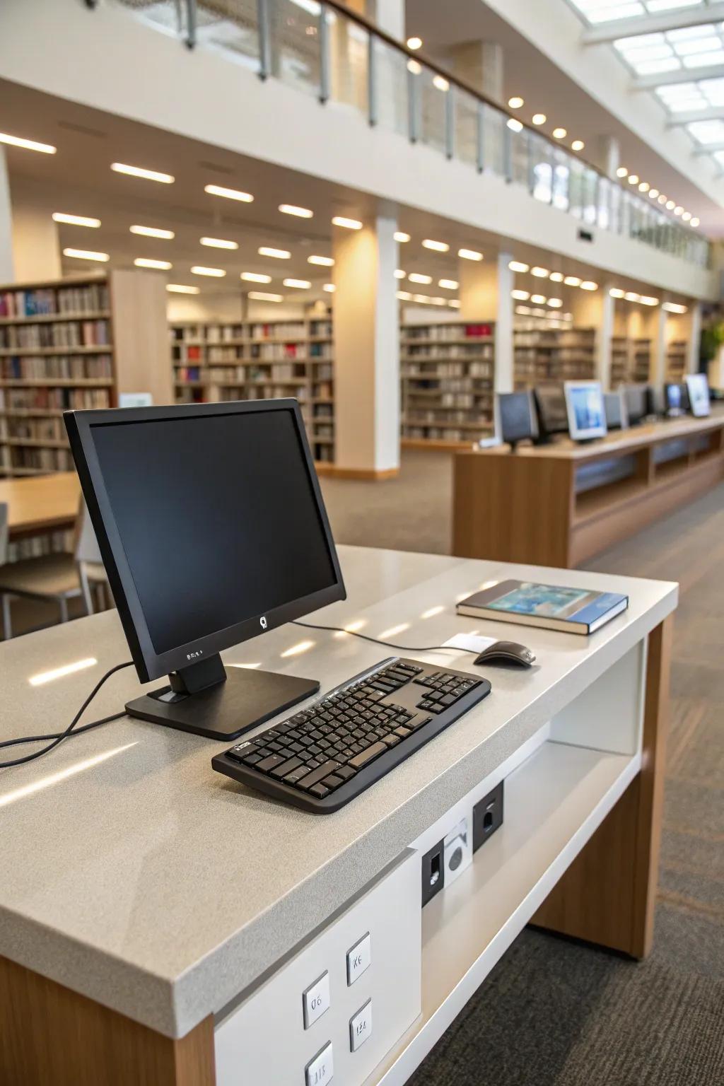 A modern library desk equipped with integrated technology for tech-savvy users.