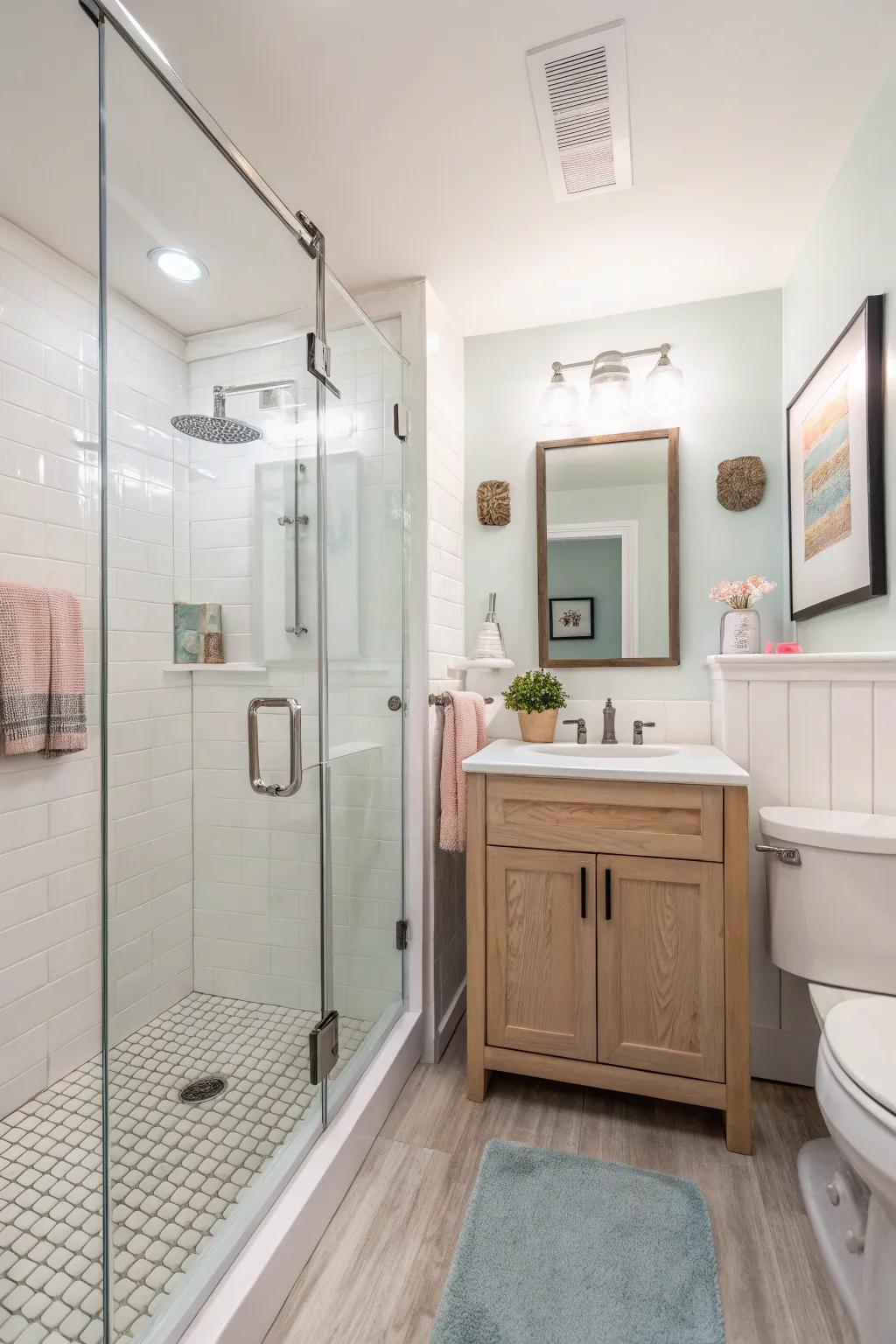 Walk-in shower that optimizes space in a compact bathroom.