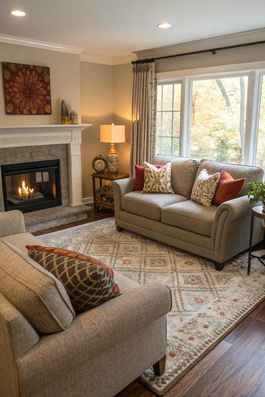 Multiple seating areas adding versatility to a living room.