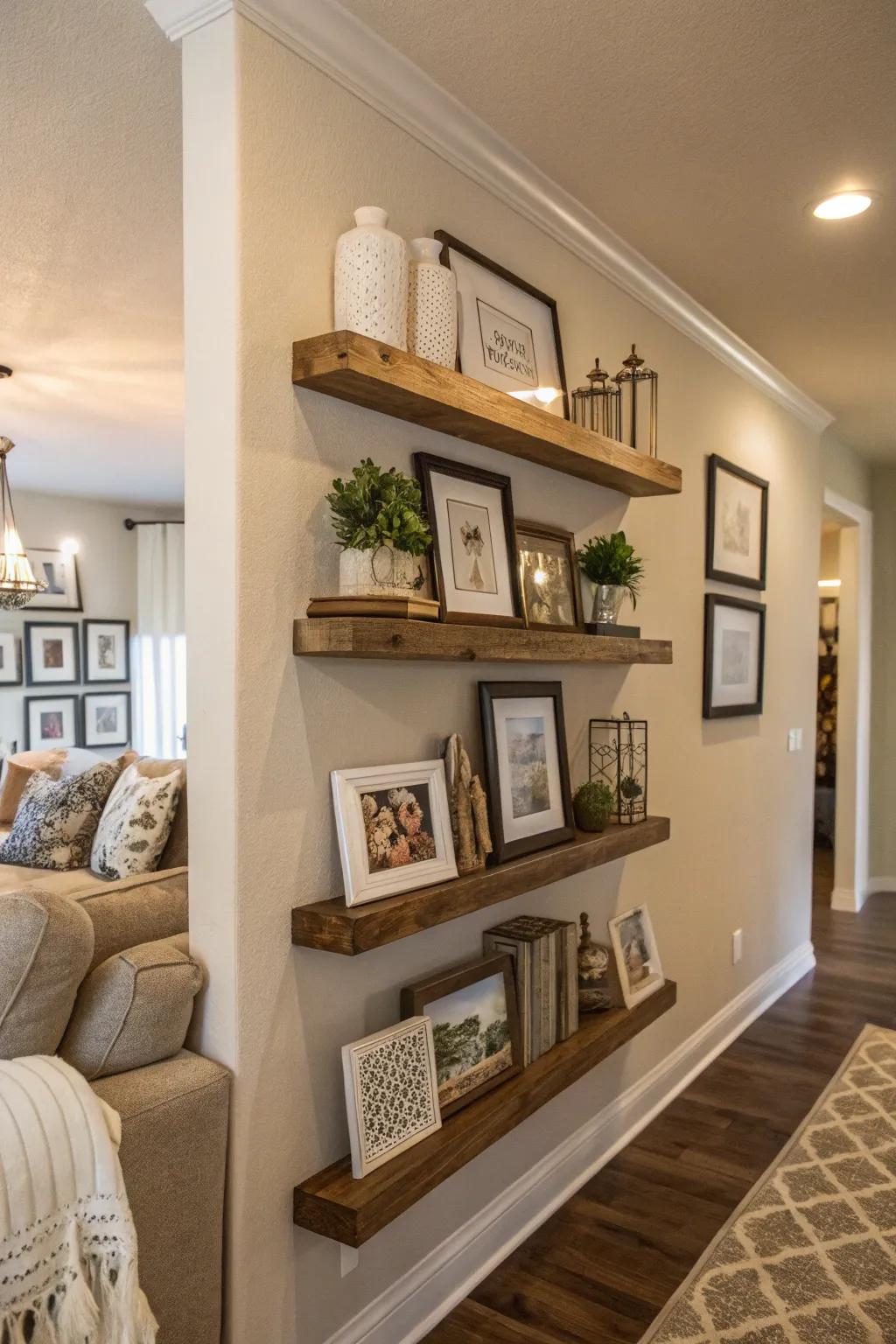 Floating shelves add depth and interest to your photo wall.