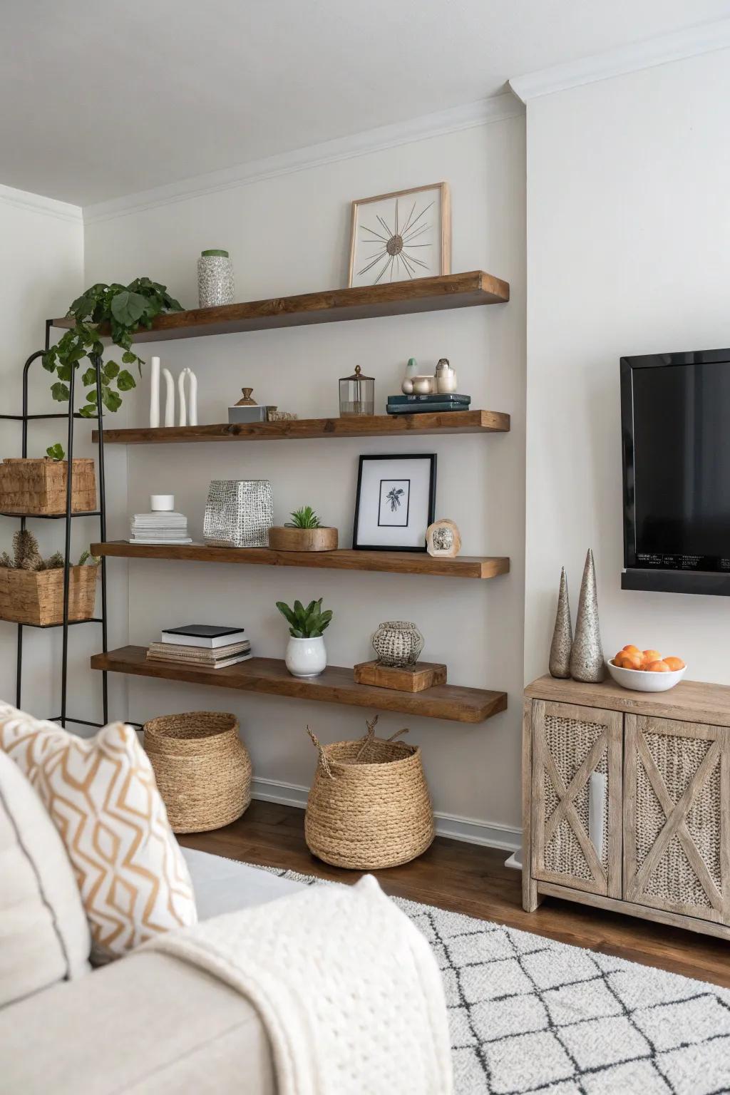 Floating shelves for a minimalist look.