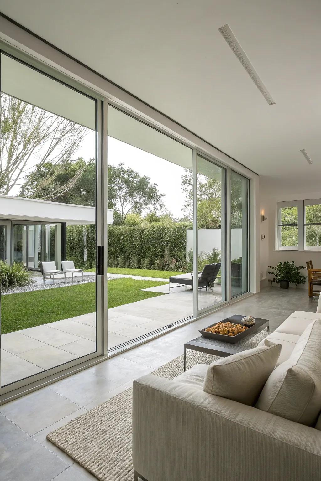 Sliding windows adding a sleek, modern touch to the living room.