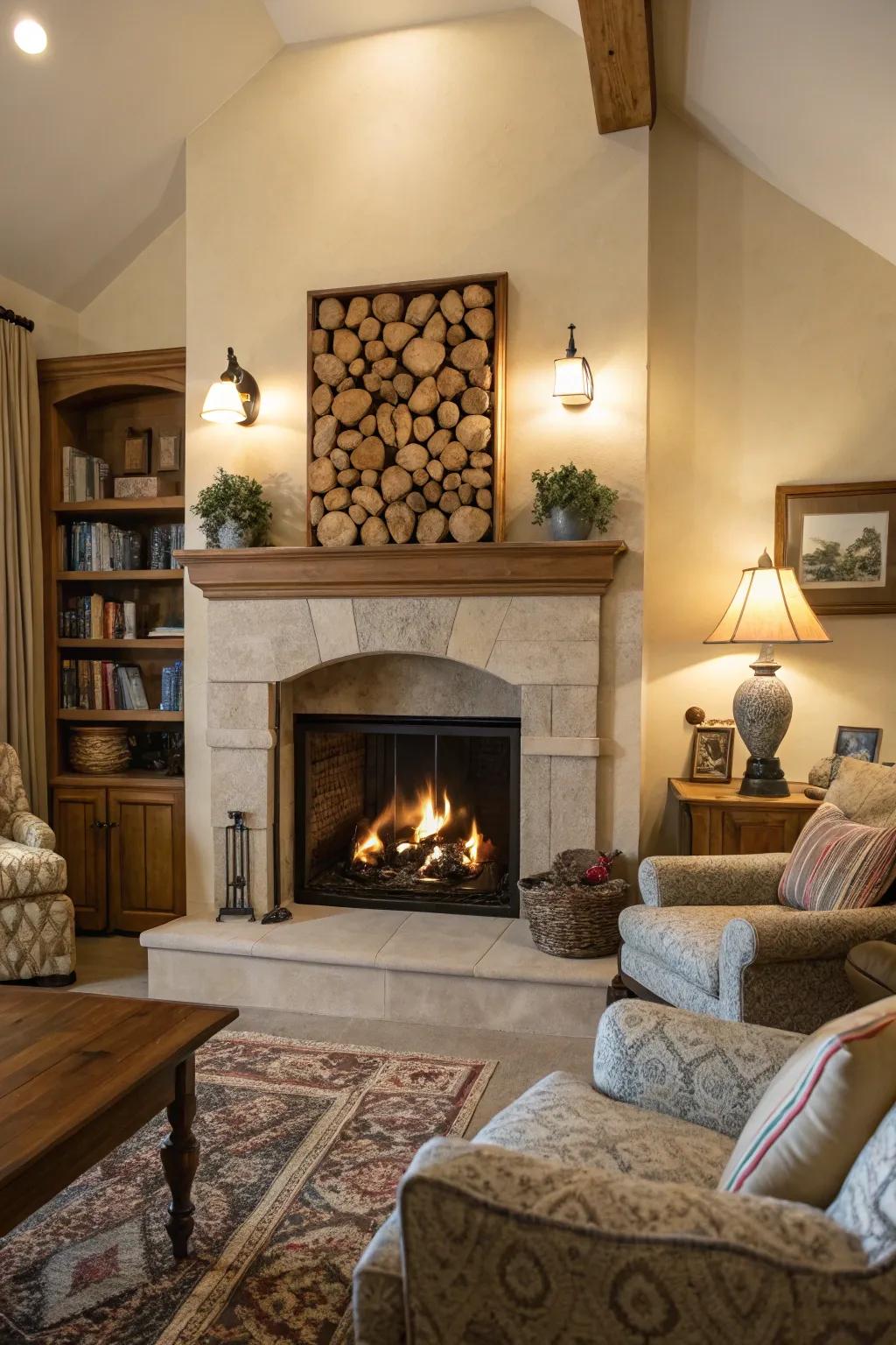 A living room featuring a stylish firewood niche next to the fireplace.