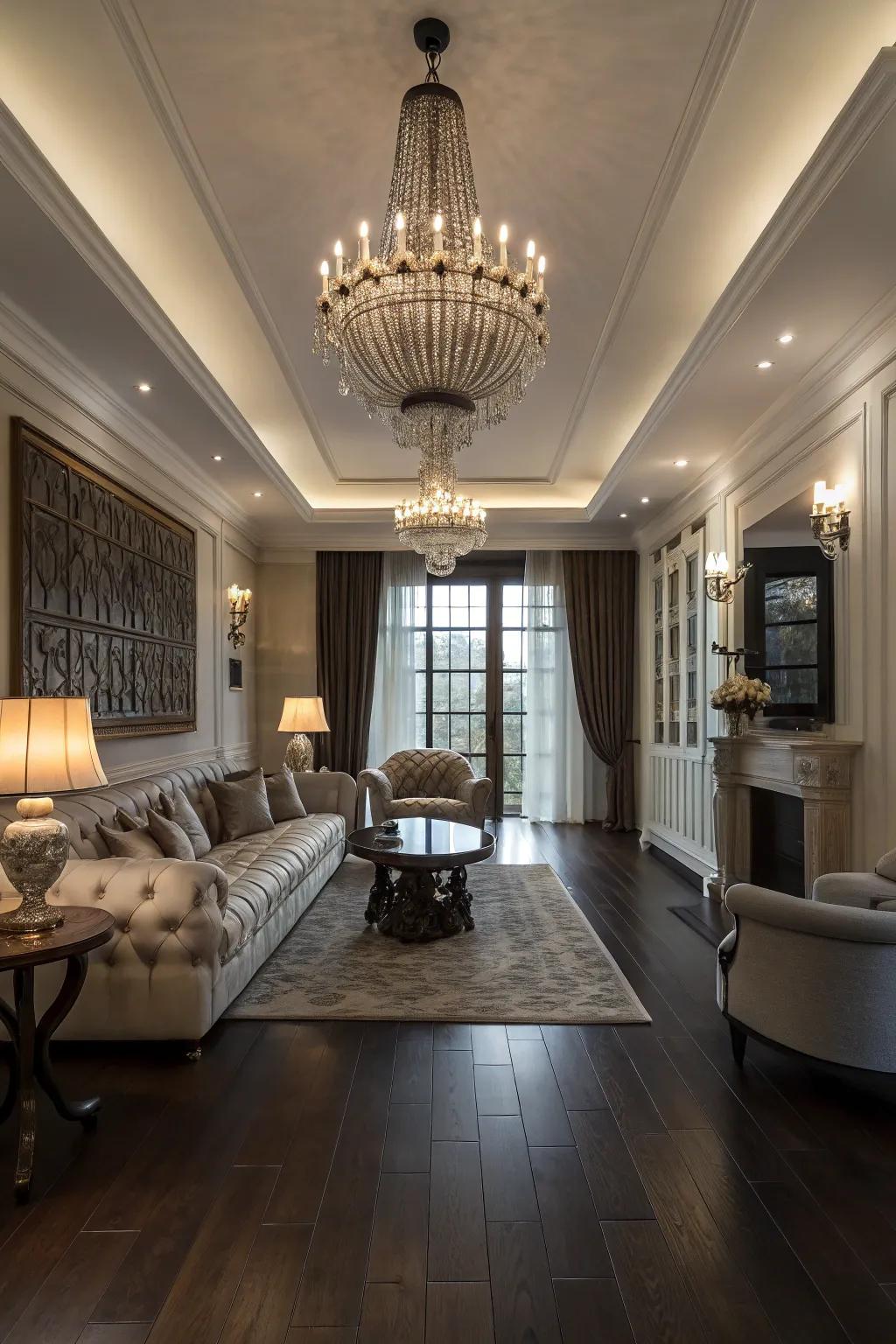 Statement lighting adds drama and elegance to dark wood floors.