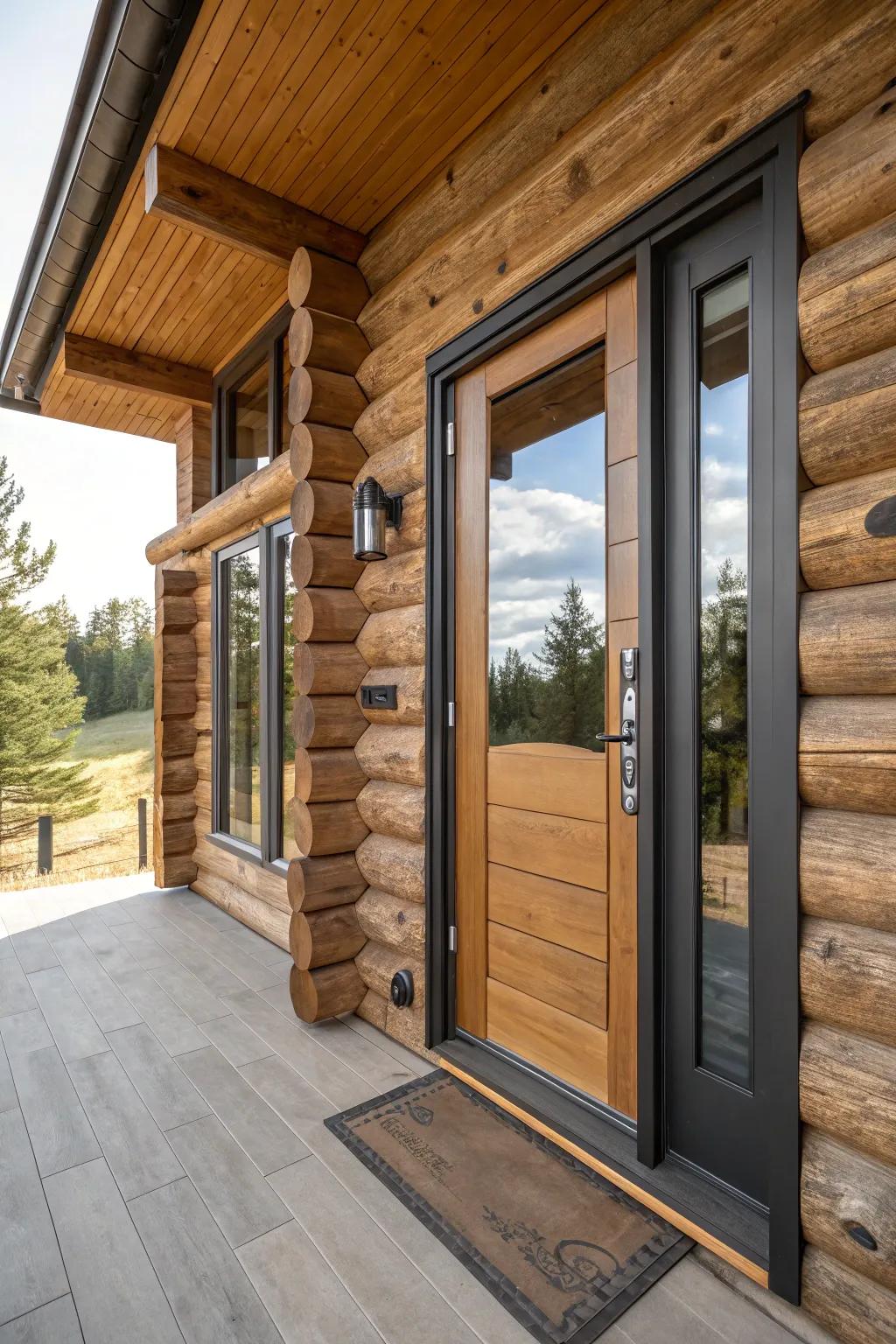 A log cabin door combining modern and rustic elements.