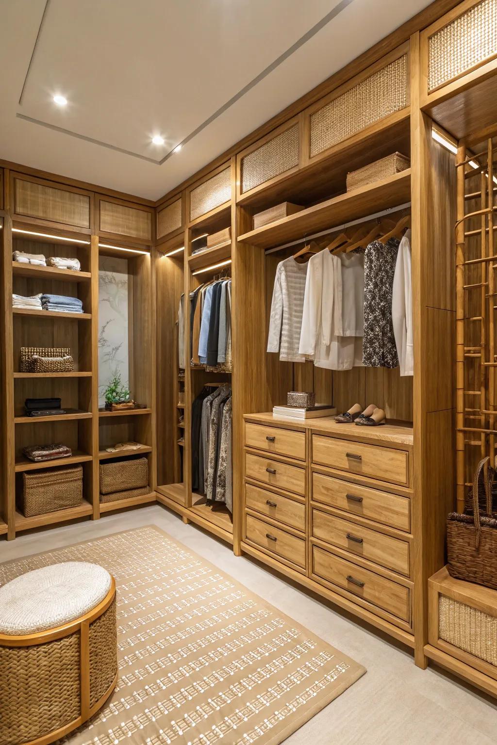 Natural materials creating an eco-friendly luxury closet.