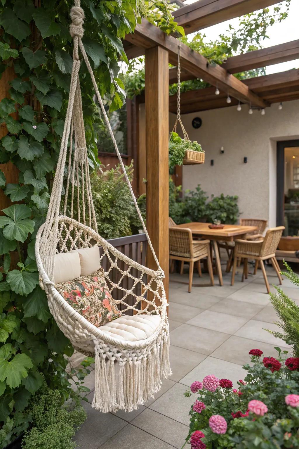 A macrame swing chair offering playful seating.